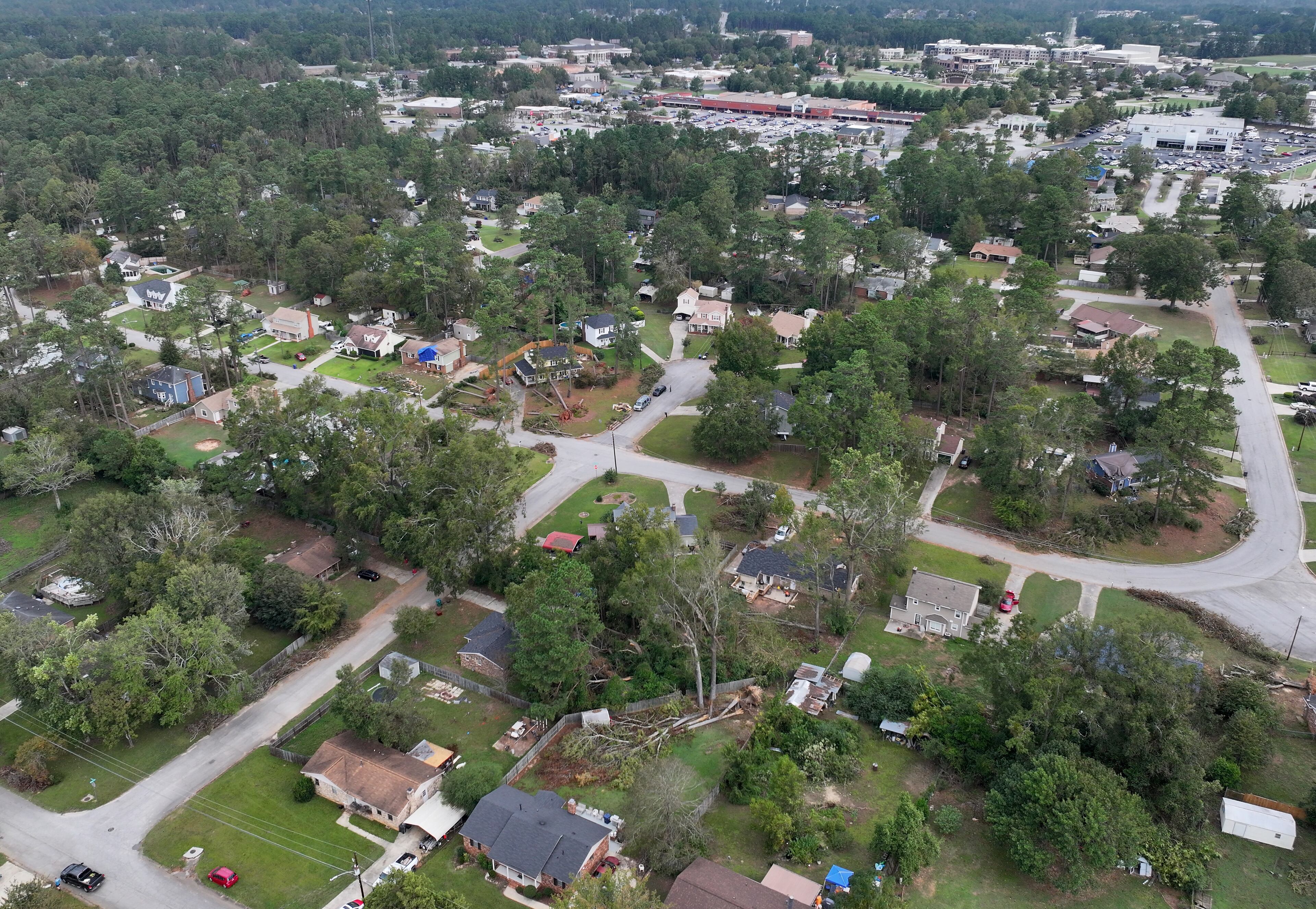The damaged community near downtown Evans (background) seen in the aftermath of Hurricane Helene, Friday, October 4, 2024. (Hyosub Shin / AJC)