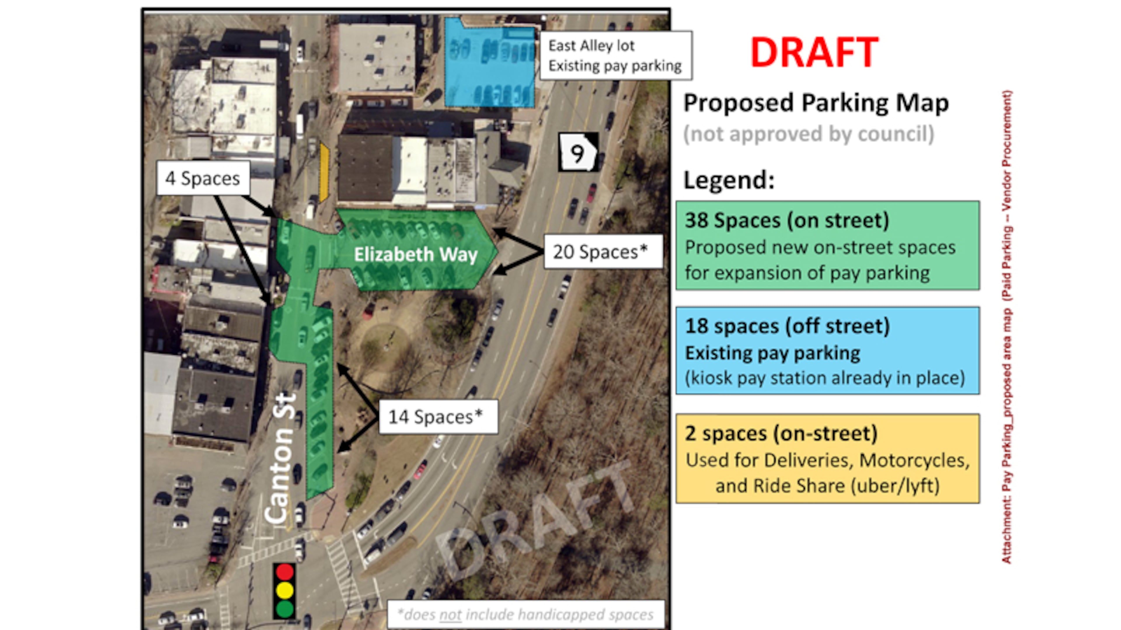 Thirty-eight parking spaces on Canton Street and Elizabeth Way in downtown Roswell will charge for parking beginning Oct. 1. CITY OF ROSWELL