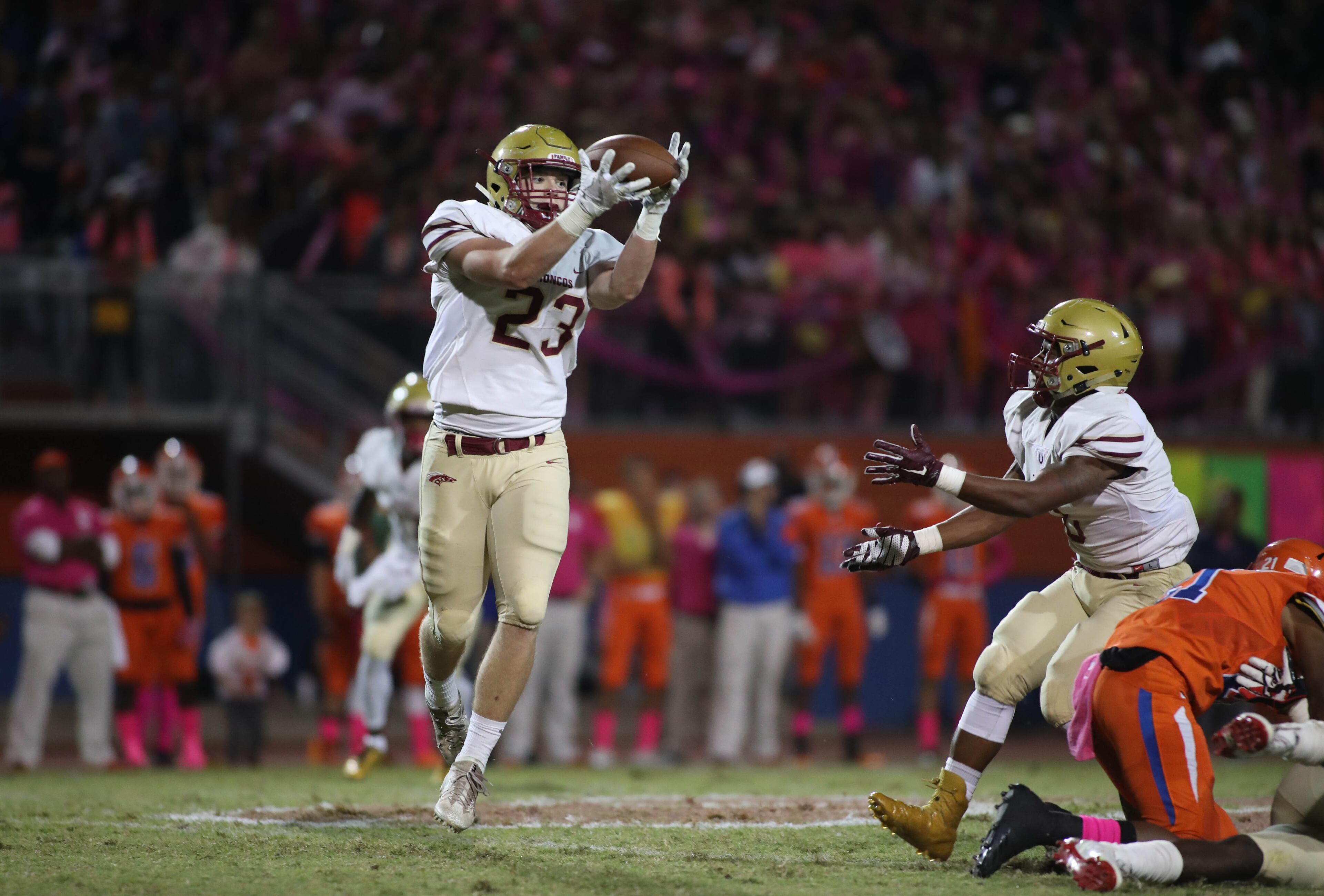 October 20, 2017 - Lilburn, Ga: Brookwood linebacker Chris Cotter (23) makes an interception on a tipped pass in the first half of their game against Parkview at Parkview High School Friday, October 20, 2017, in Lilburn, Ga.. PHOTO / JASON GETZ