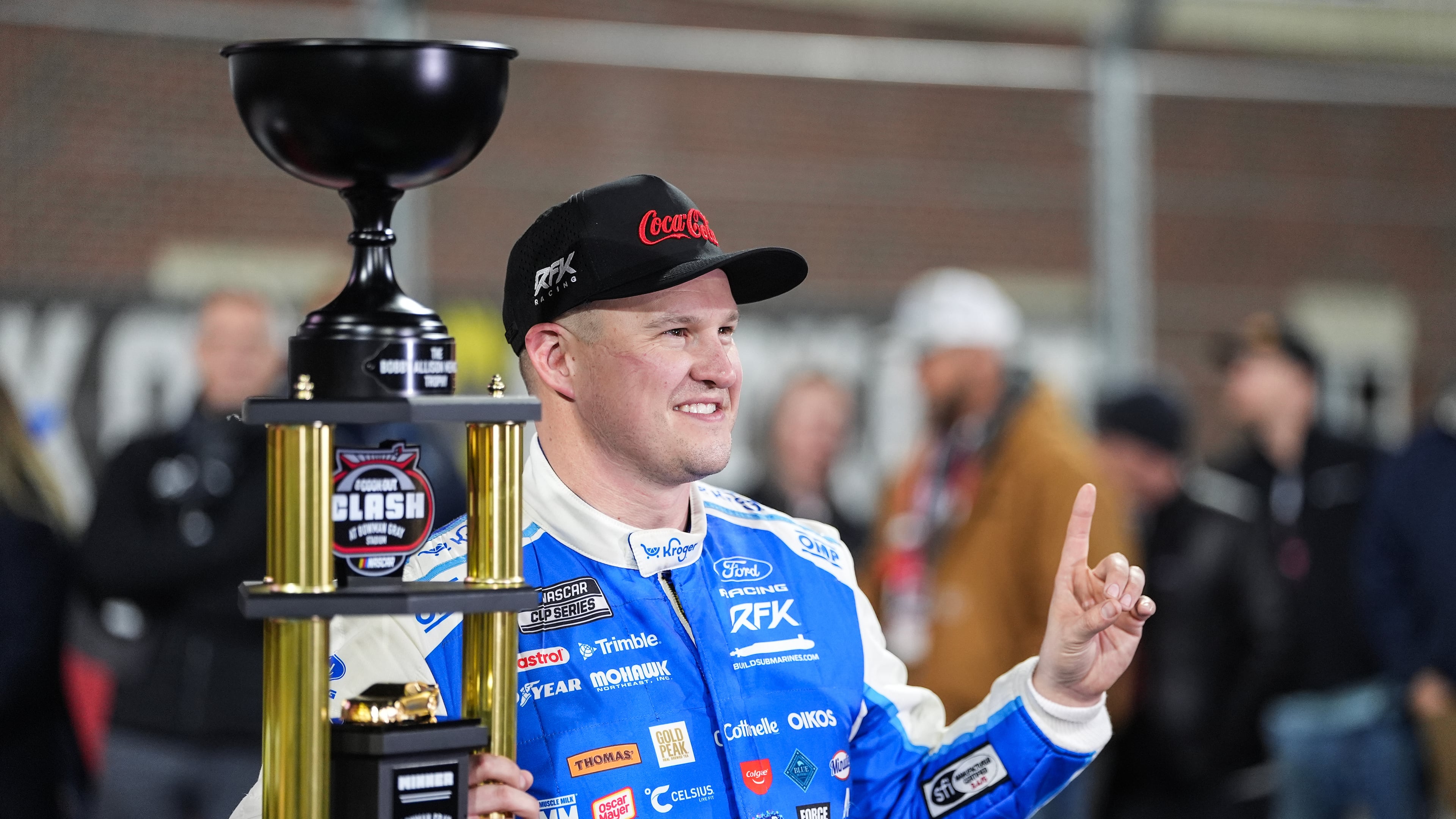 Ryan Preece celebrates in Victory Lane after winning NASCAR's The Clash preseason auto race, Wednesday, Feb. 4, 2026, in Winston-Salem, N.C. (AP Photo/Matt Kelley)