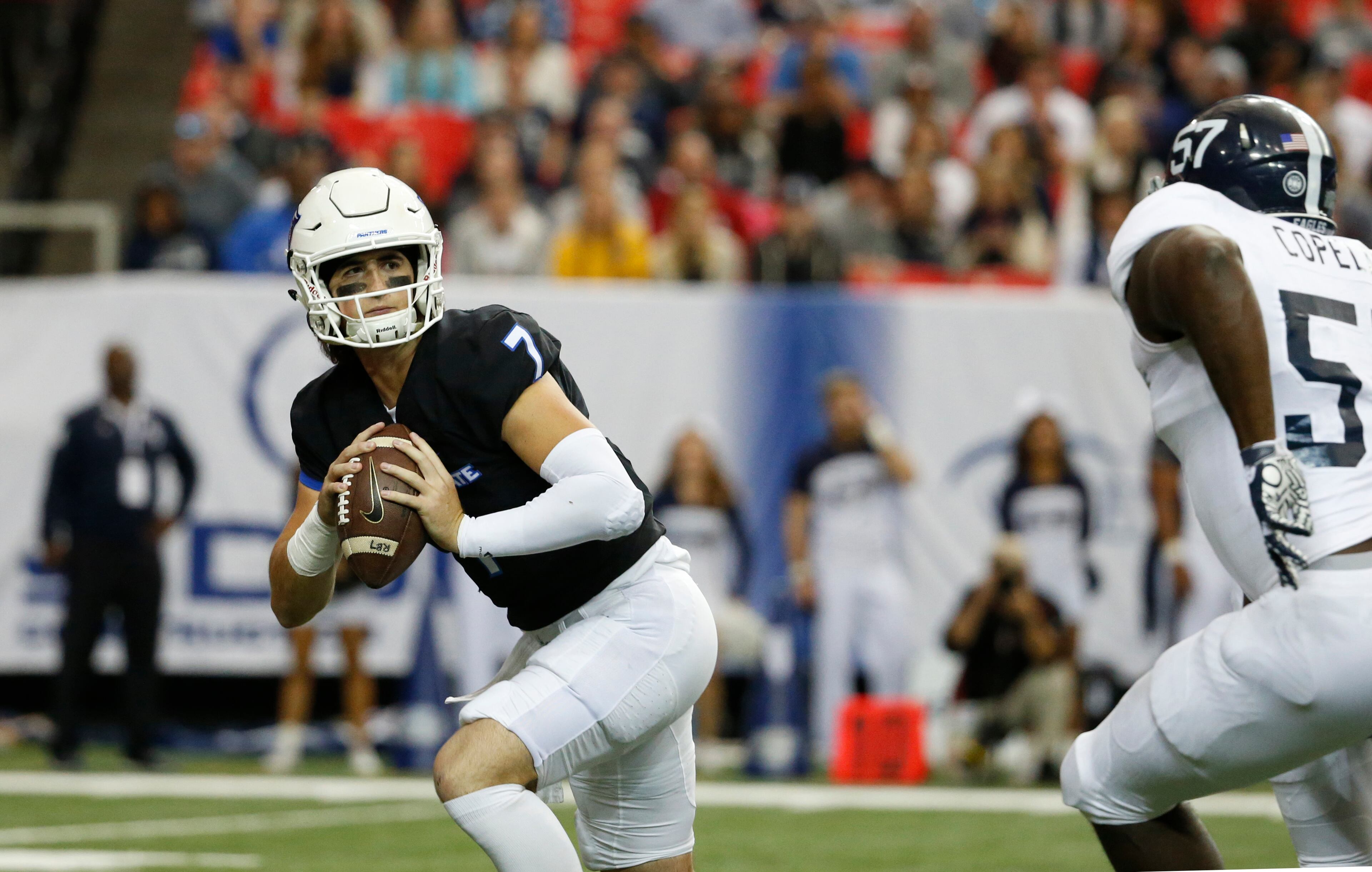 November 19, 2016 - Atlanta, Ga: Georgia State Panthers quarterback Conner Manning (7) rolls out of the pocket against Georgia Southern in the first half of their game at the Georgia Dome Saturday November 19, 2016, in Atlanta, Ga. PHOTO / JASON GETZ