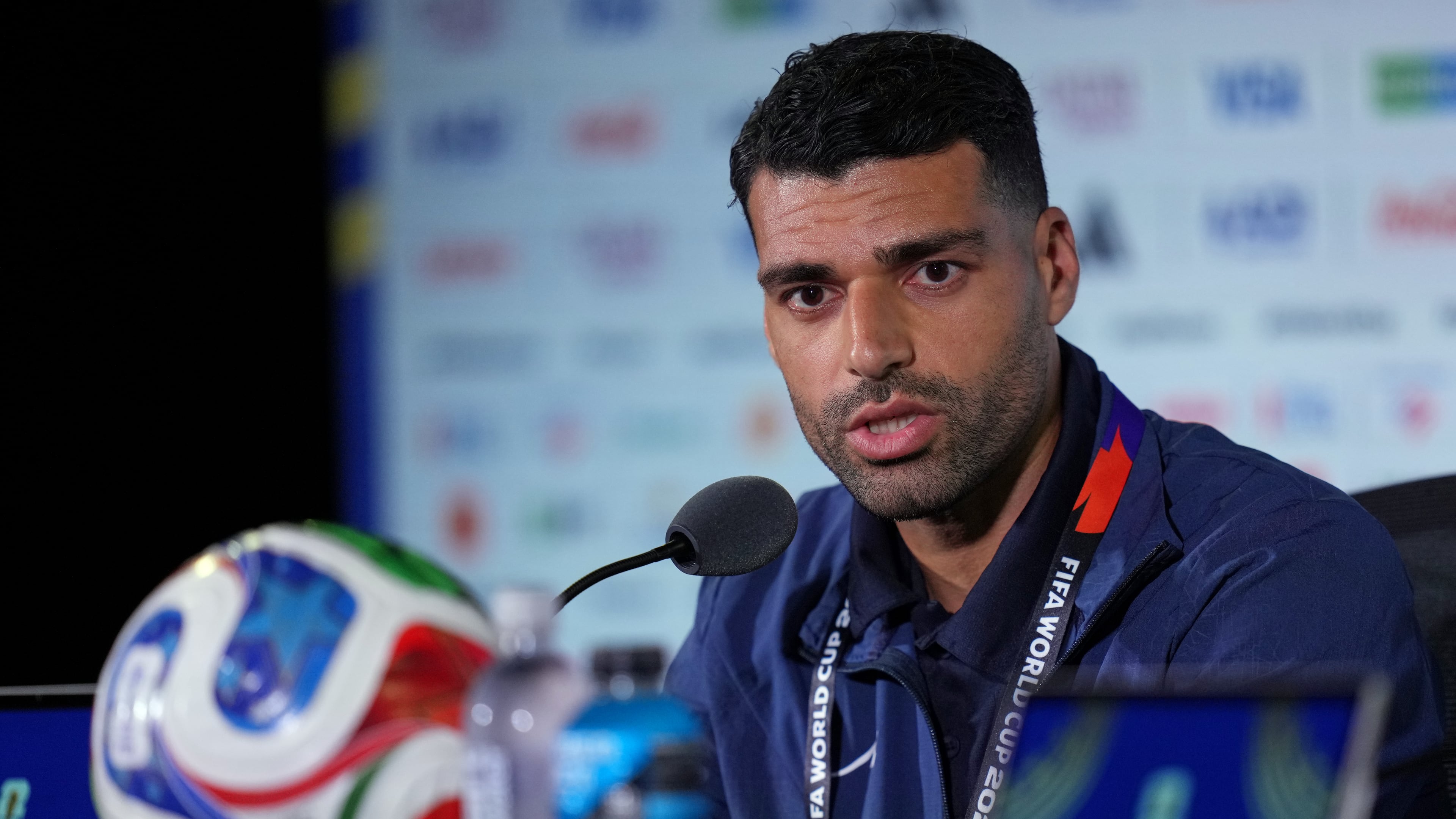 Iran's Mehdi Taremi speaks during a press conference ahead of his FIFA World Cup match against New Zealand in Inglewood, Calif., near Los Angeles, Sunday, June 14, 2026. (AP Photo/Andre Penner)