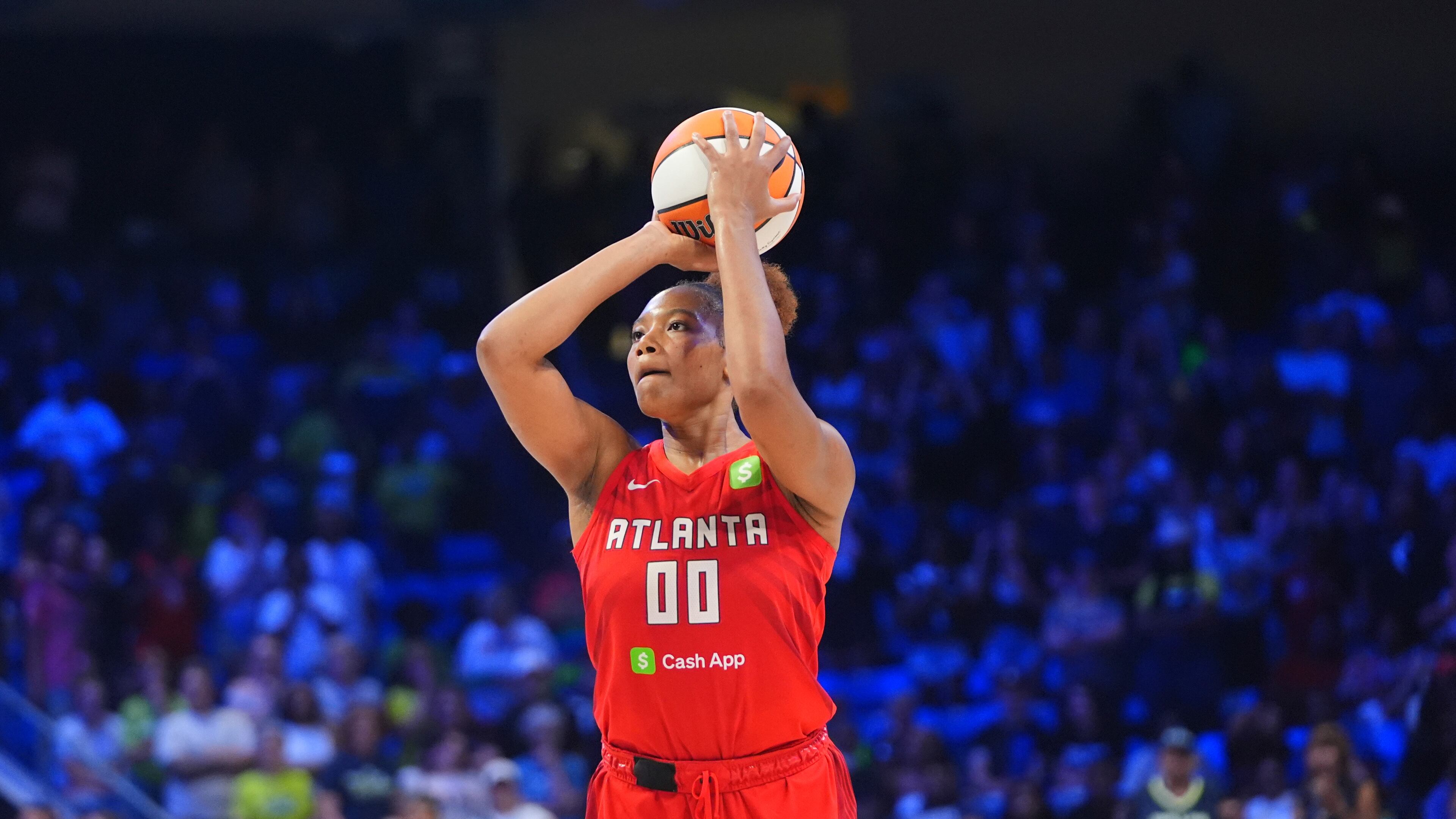 Atlanta Dream forward Naz Hillmon, who had 13 points and 13 rebounds in Sunday's win over Phoenix, lines up to shoot a game winning shot during the second half of a WNBA basketball game against the Dallas Wings in Arlington, Texas, Wednesday, July 30, 2025. (AP Photo/LM Otero)