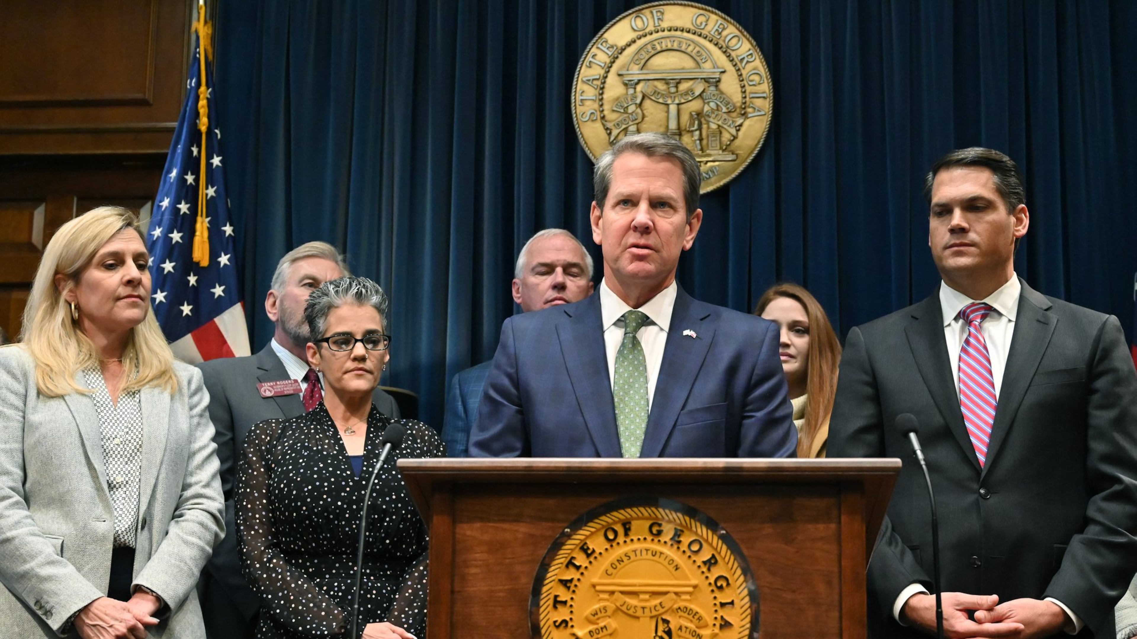 Gov. Brian Kemp, shown speaking at a press conference where he announced legislative measures he’s proposing to combat human trafficking, is taking a hard-nosed approach to crime in the state. (Hyosub Shin / Hyosub.Shin@ajc.com)