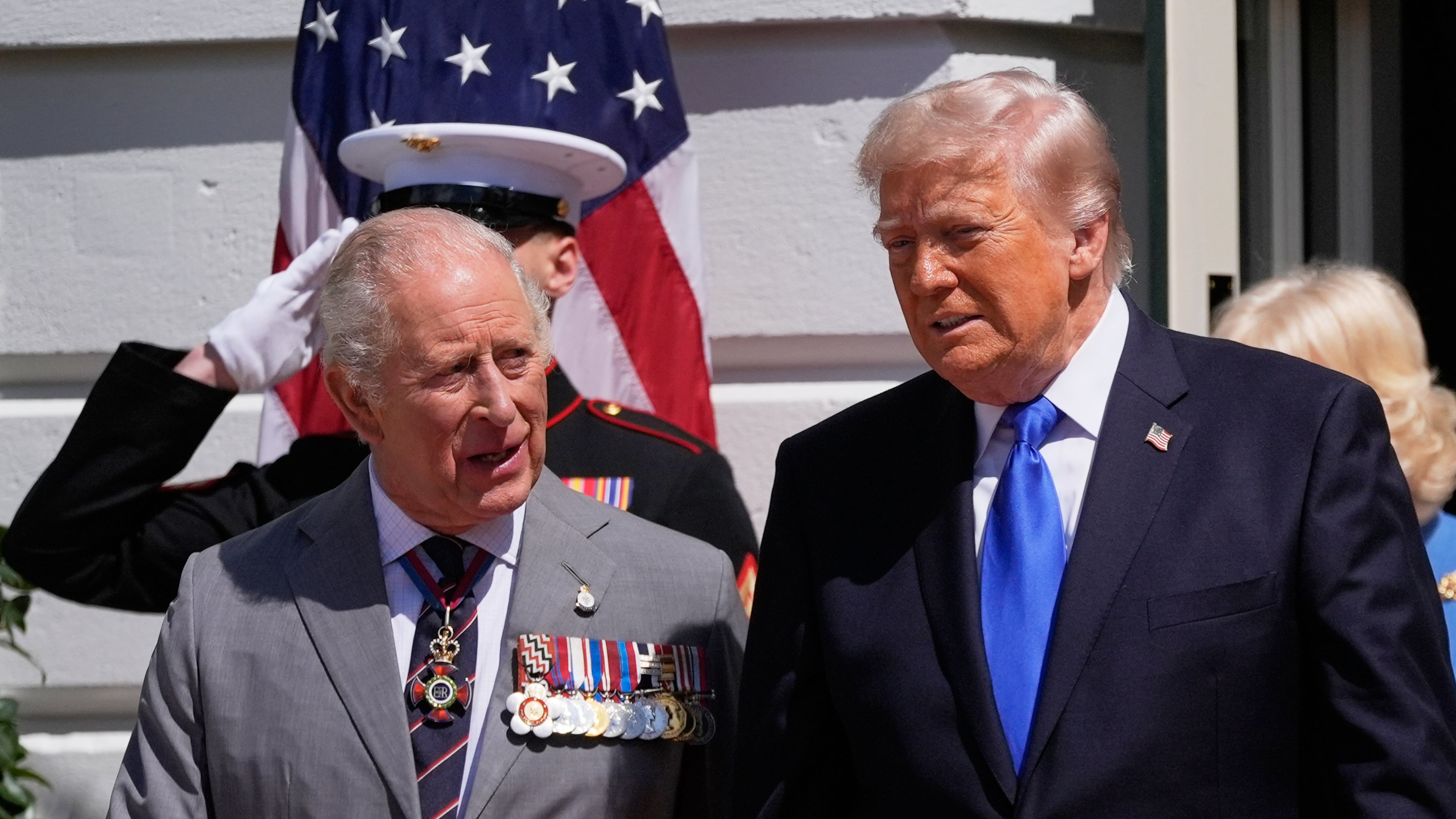 President Donald Trump and first lady Melania Trump bid farewell to Britain's King Charles III and Queen Camilla on the South Lawn of the White House, Thursday, April 30, 2026, in Washington. (AP Photo/Manuel Balce Ceneta)