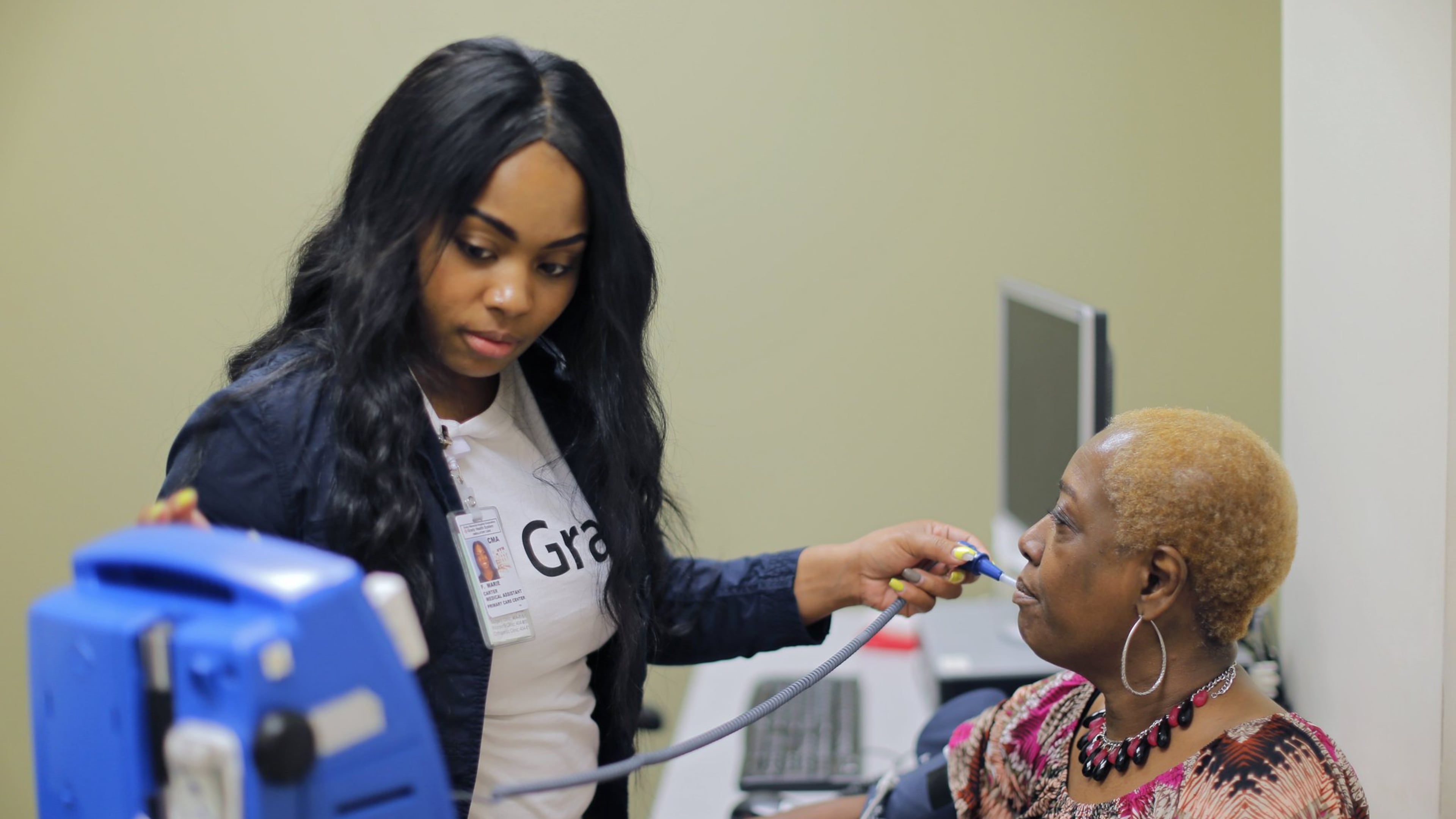 7/28/17 - Atlanta, GA - Lynette McClain, from Atlanta, has her vital signs checked by Marie Carter at a Grady Primary Care Clinic. She opposes repealing or replacing Obamacare. The signature election issue of Republicans for the last seven years, repealing Obamacare, has thus far failed. BOB ANDRES /BANDRES@AJC.COM