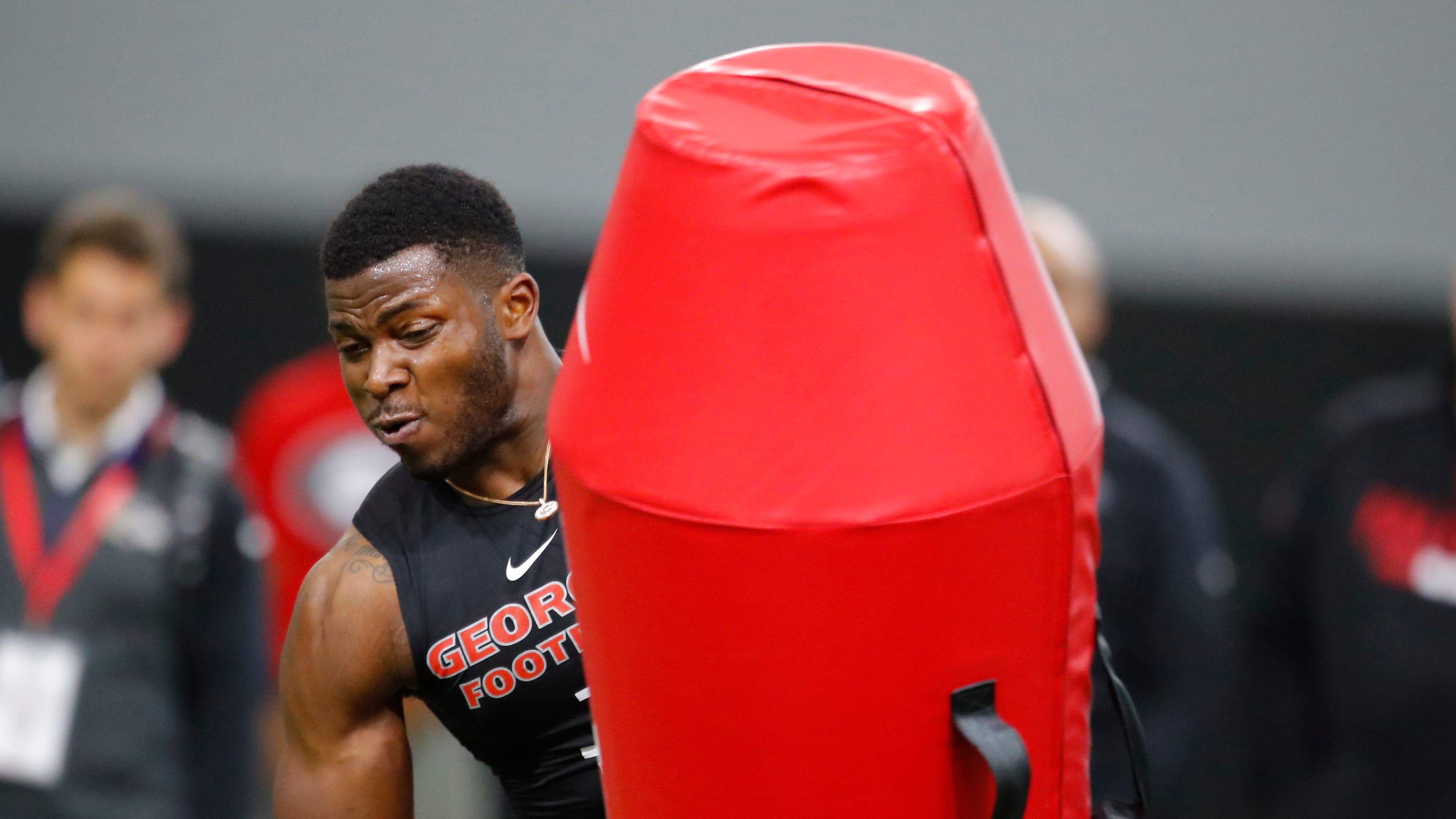 Georgia linebacker Lorenzo Carter participates during Georgia Pro Day, Wednesday, March 21, 2018, in Athens. Pro Day is intended to showcase talent to NFL scouts for the upcoming draft. (AP Photo/Todd Kirkland)