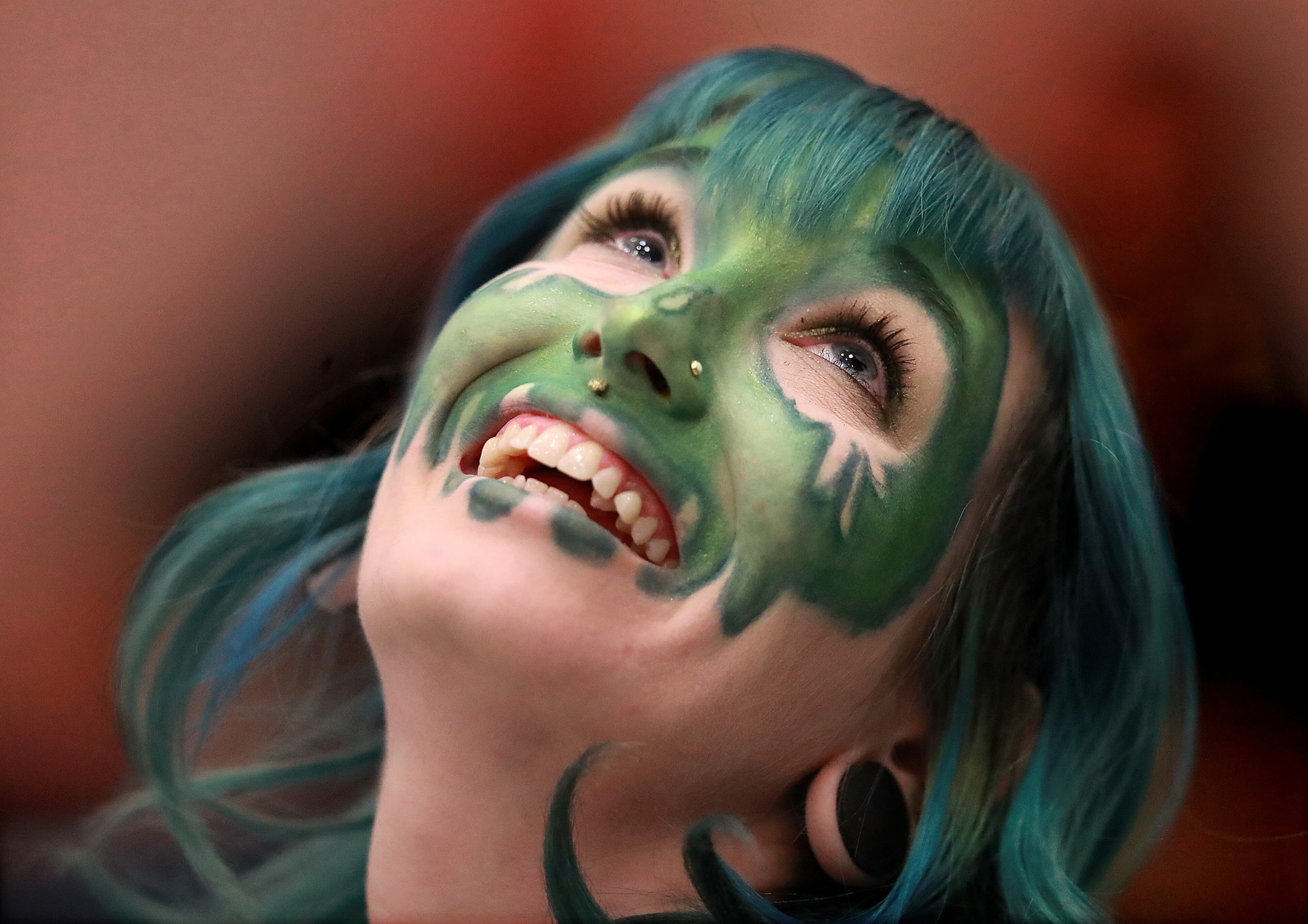 January 25, 2020 Atlanta: Nicole Webb, known as Square Ruthless with the Toxic Shocks, has her green game face on for her pre-pandemic Atlanta Roller Derby game against Apocalypstix at the Yaarab Shrine Center on Saturday, January 25, 2020, in Atlanta. Webb, who weighs 80 pounds but plays like 180 pounds says the Atlanta Roller Derby are "a island of misfit toys. You have to be a little strange to play full contact sports. We wear less padding than football players and hit harder"! Curtis Compton ccompton@ajc.com