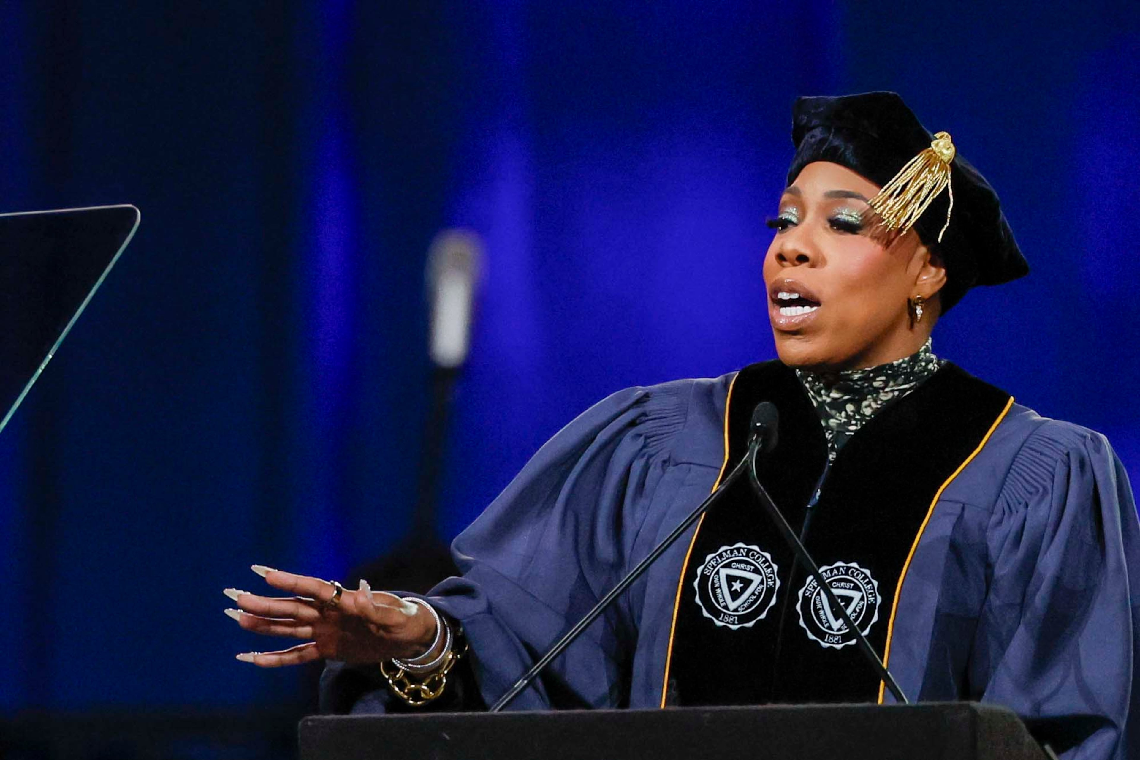Symone D. Sanders Townsend delivers the commencement address at the Spelman College graduation ceremony held at the Georgia International Convention Center in College Park on Sunday, May 17, 2026. (Miguel Martinez/AJC)