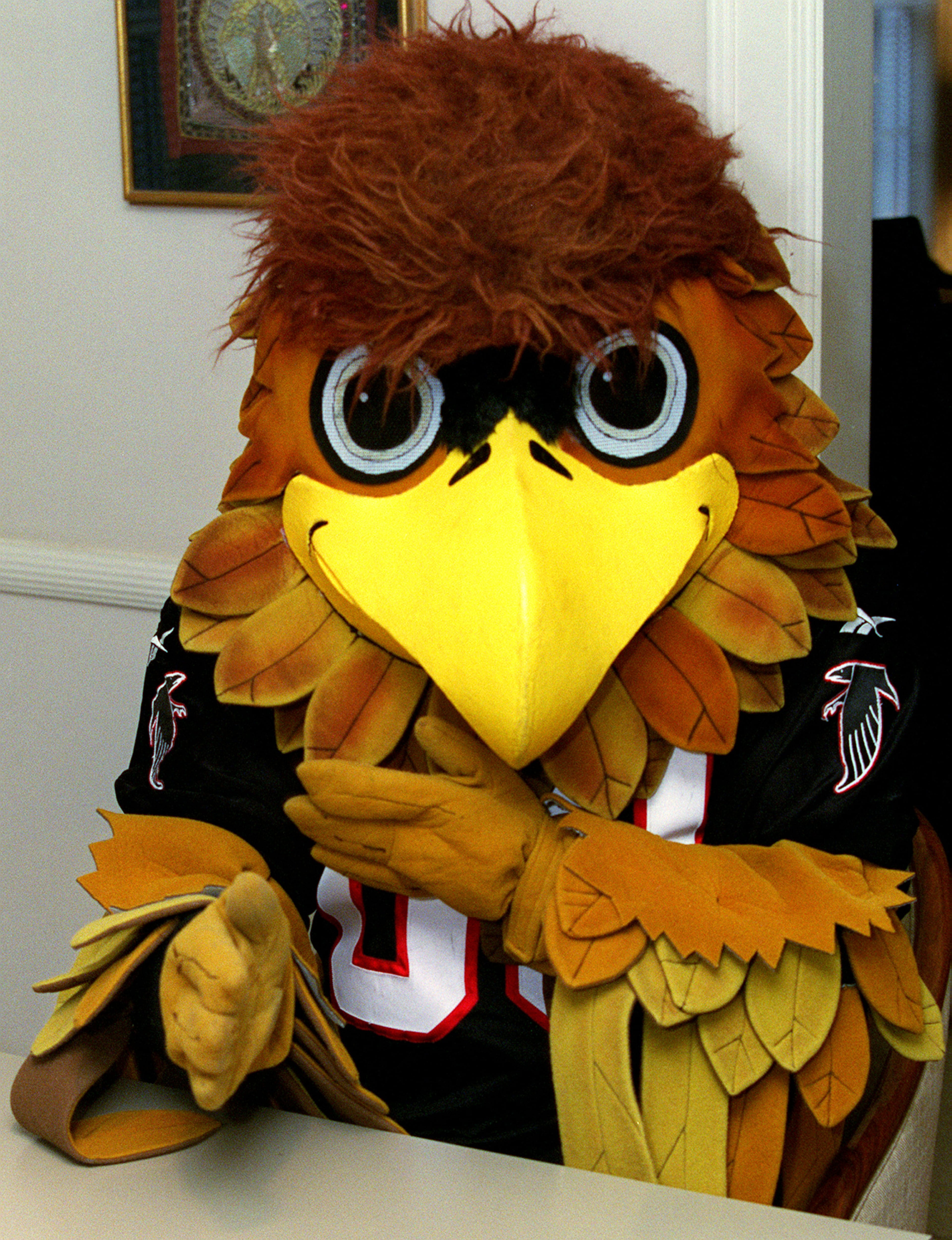 The Atlanta Falcons mascot, Freddie the Falcon, during a Lasagne taste test on in 1998 in Buckhead, Georgia. (PHIL SKINNER /AJC staff).