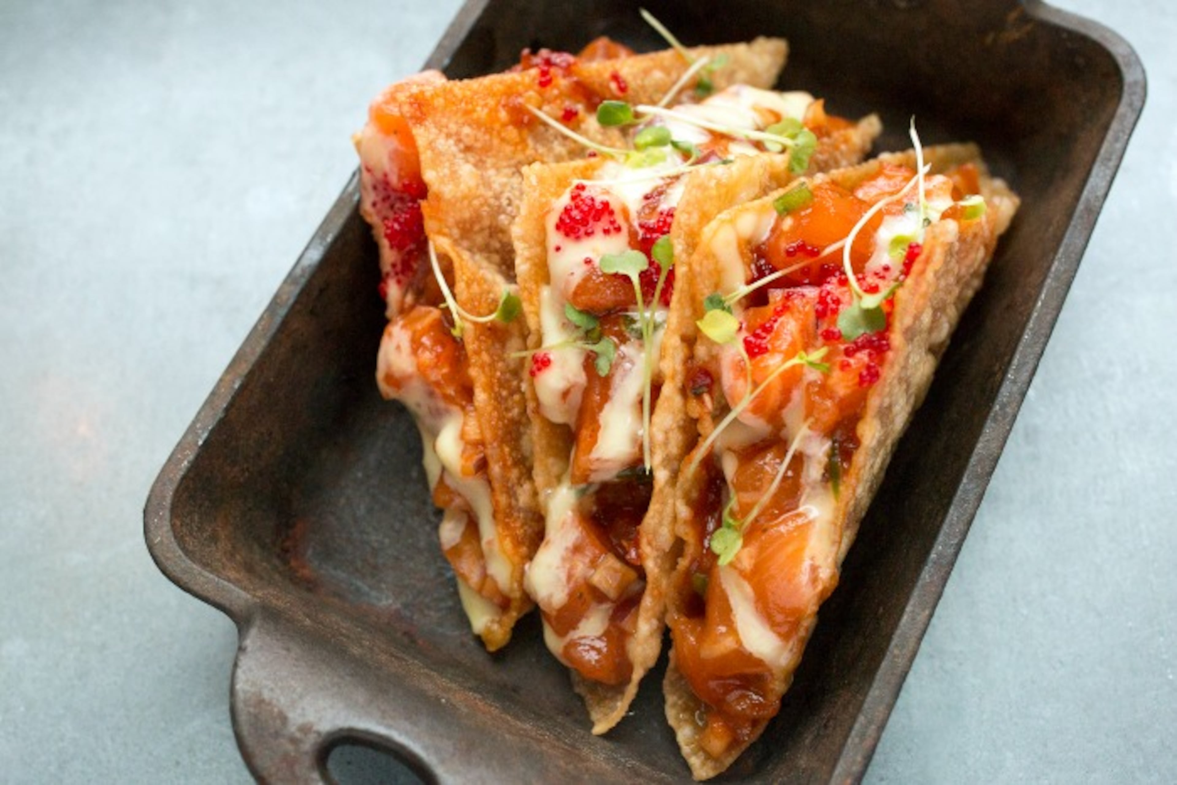 Poke tacos from Chef Nick Leahy at Saltyard. / Photo by Matthew Wong