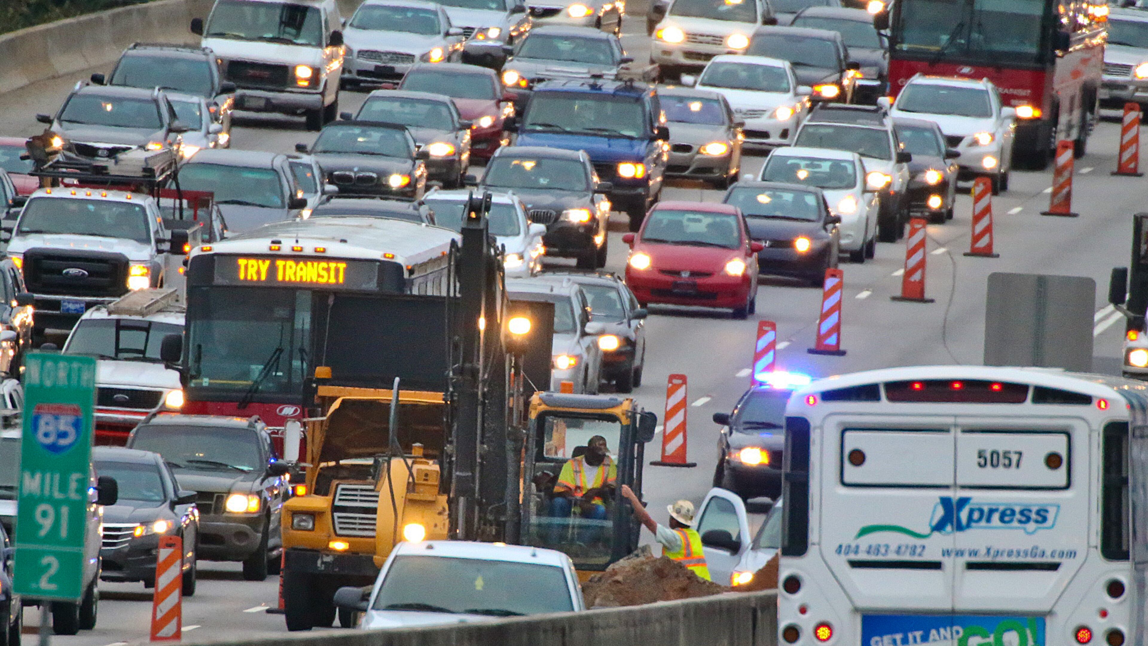 Traffic was jammed on I-85 southbound north of Clairmont Road Tuesday morning as road crews worked to repair a drainage structure that failed Monday.