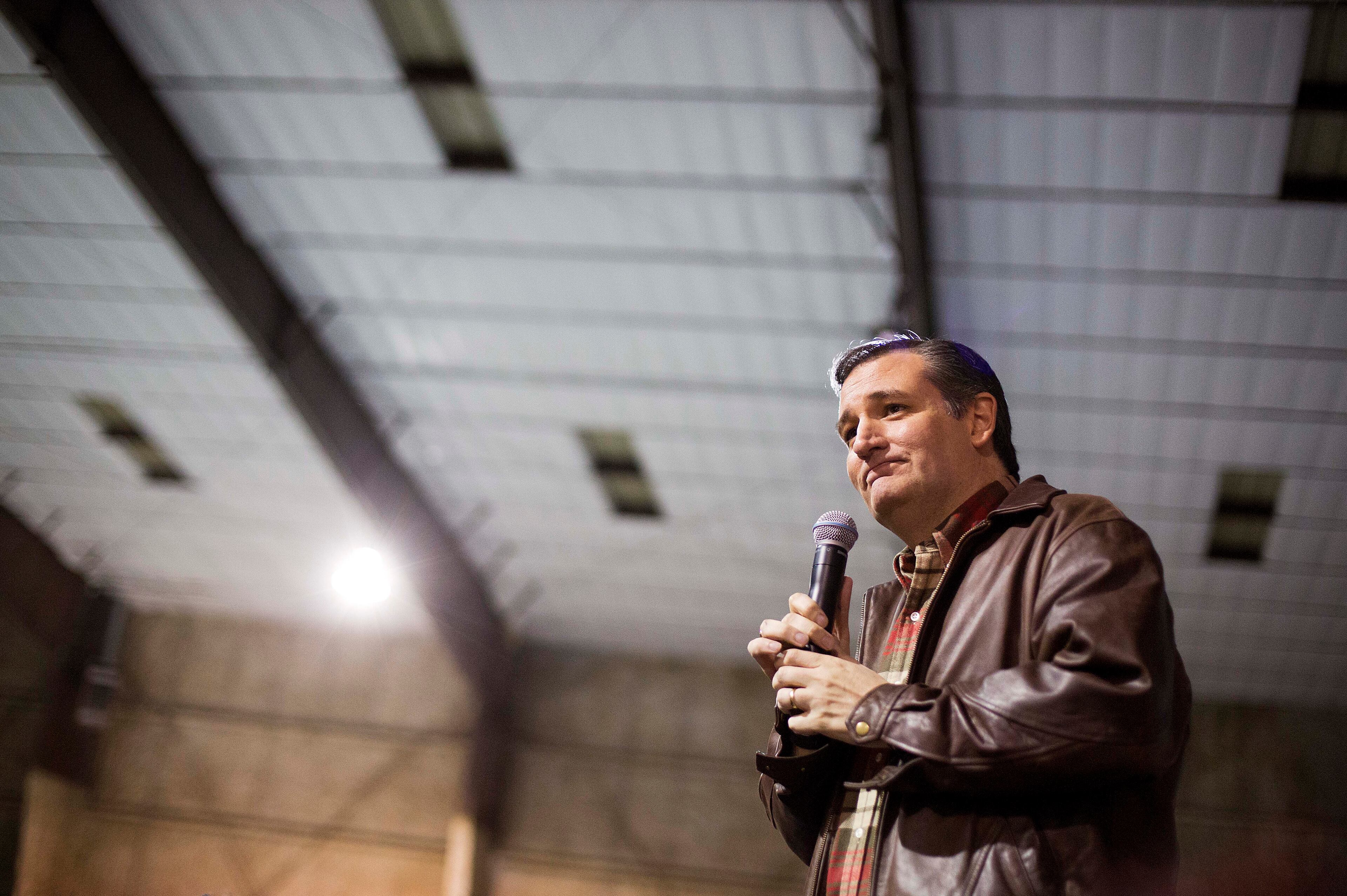 Republican presidential candidate, Sen. Ted Cruz, R-Texas, speaks during a campaign event in an airport hanger Friday, Dec. 18, 2015, in Kennesaw, Ga. (AP Photo/David Goldman)