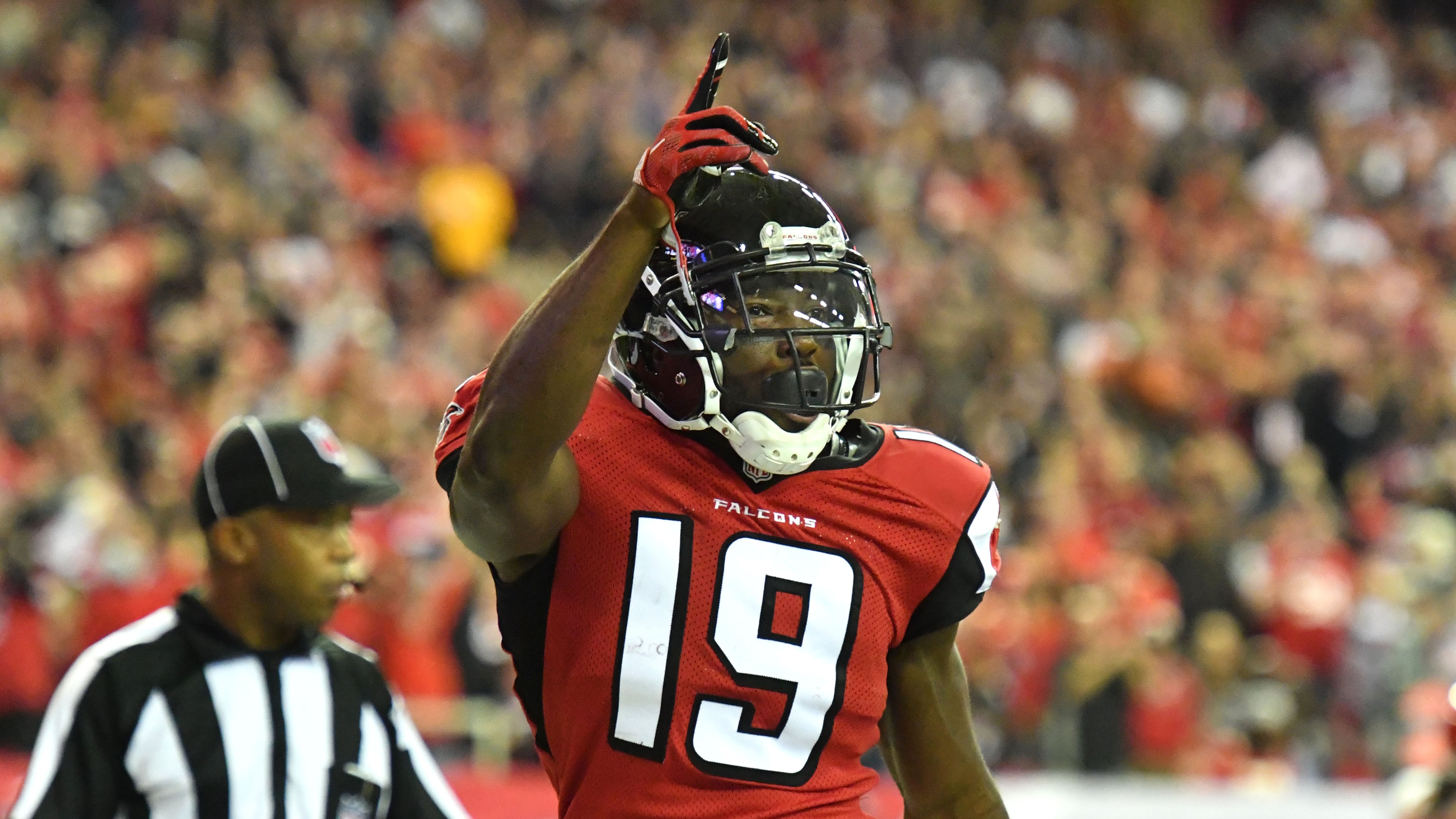December 4, 2016 Atlanta - Atlanta Falcons wide receiver Aldrick Robinson (19) celebrates his touchdown against the Kansas City Chiefs during the second half in an NFL football game at the Georgia Dome on Sunday, December 4, 2016. Kansas City Chiefs won 29 - 28 over the Atlanta Falcons. HYOSUB SHIN / HSHIN@AJC.COM