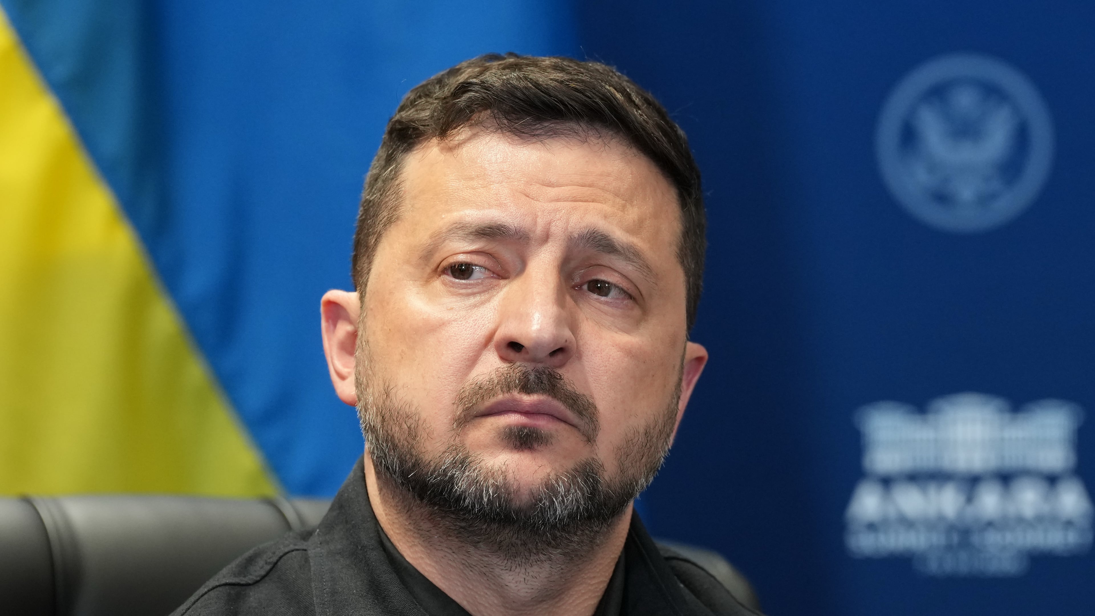 FILE - Ukraine's President Volodymyr Zelenskyy looks on during his meeting with U.S. President Donald Trump on the sidelines of the NATO summit in Ankara, Turkey, on July 8, 2026. (AP Photo/Alex Brandon, File)