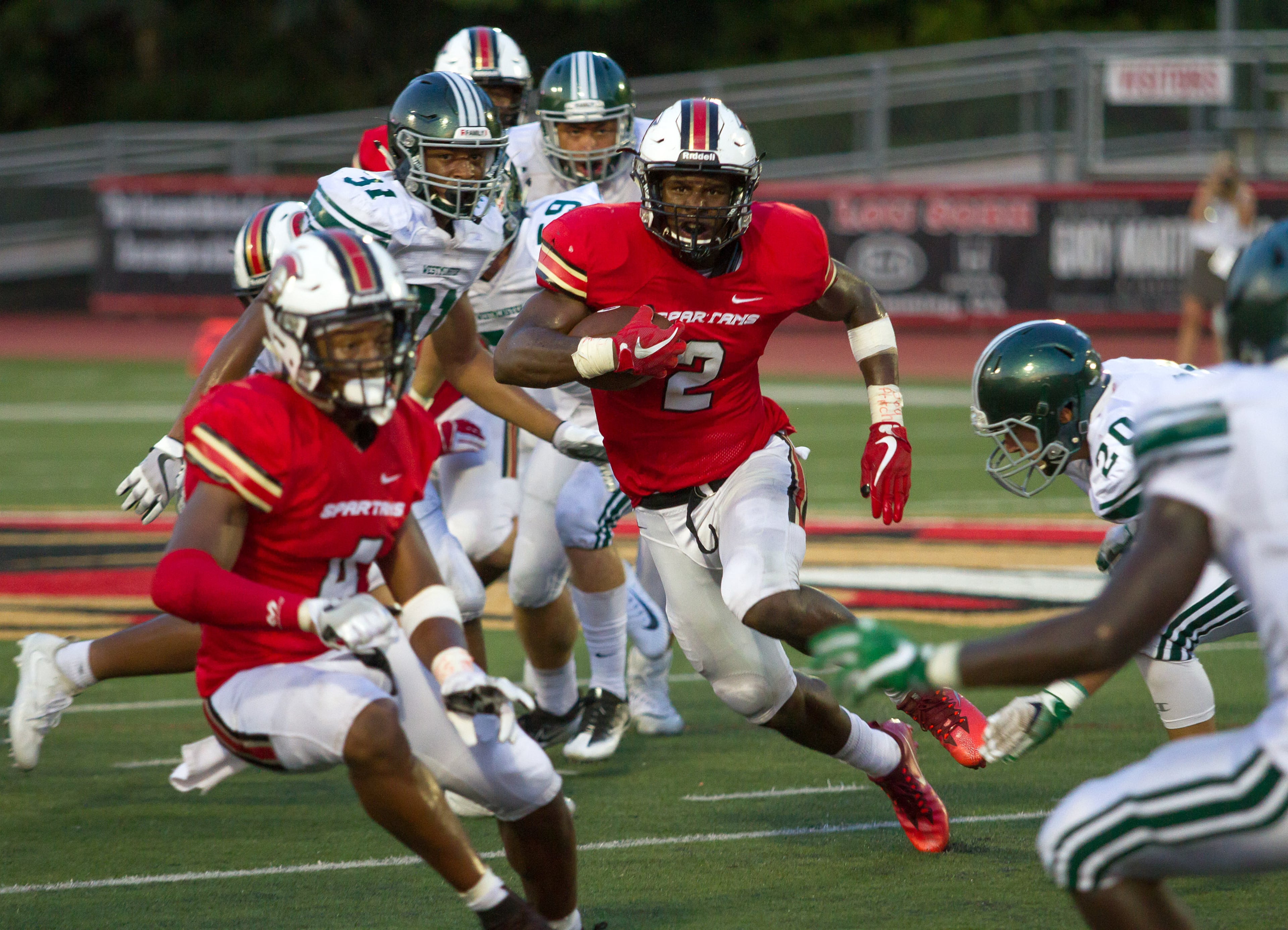 Greater Atlanta Christian School's Kyler McMichael (2) heads up field during their game with Westminster in Norcross Ga Friday, August 25, 2017. Greater Atlanta Christian School beat Westminster 41 to 7. STEVE SCHAEFER / SPECIAL TO THE AJC