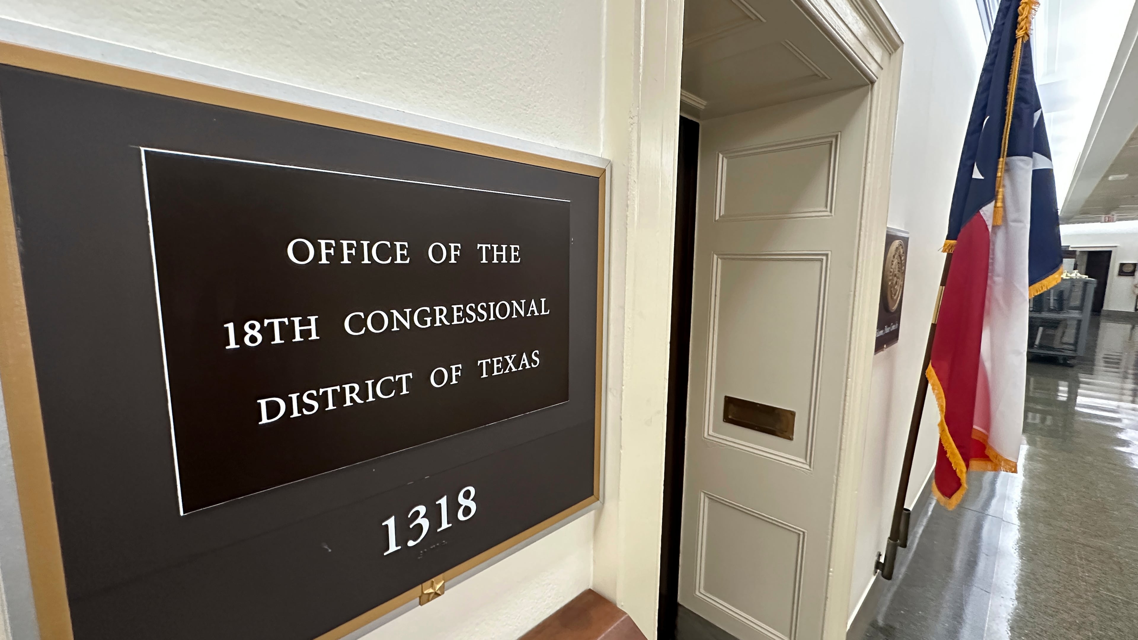 FILE - A Texas flag is on display outside the office of the state's 18th Congressional District, Sept. 2, 2025. (AP Photo/Robert Yoon, file)