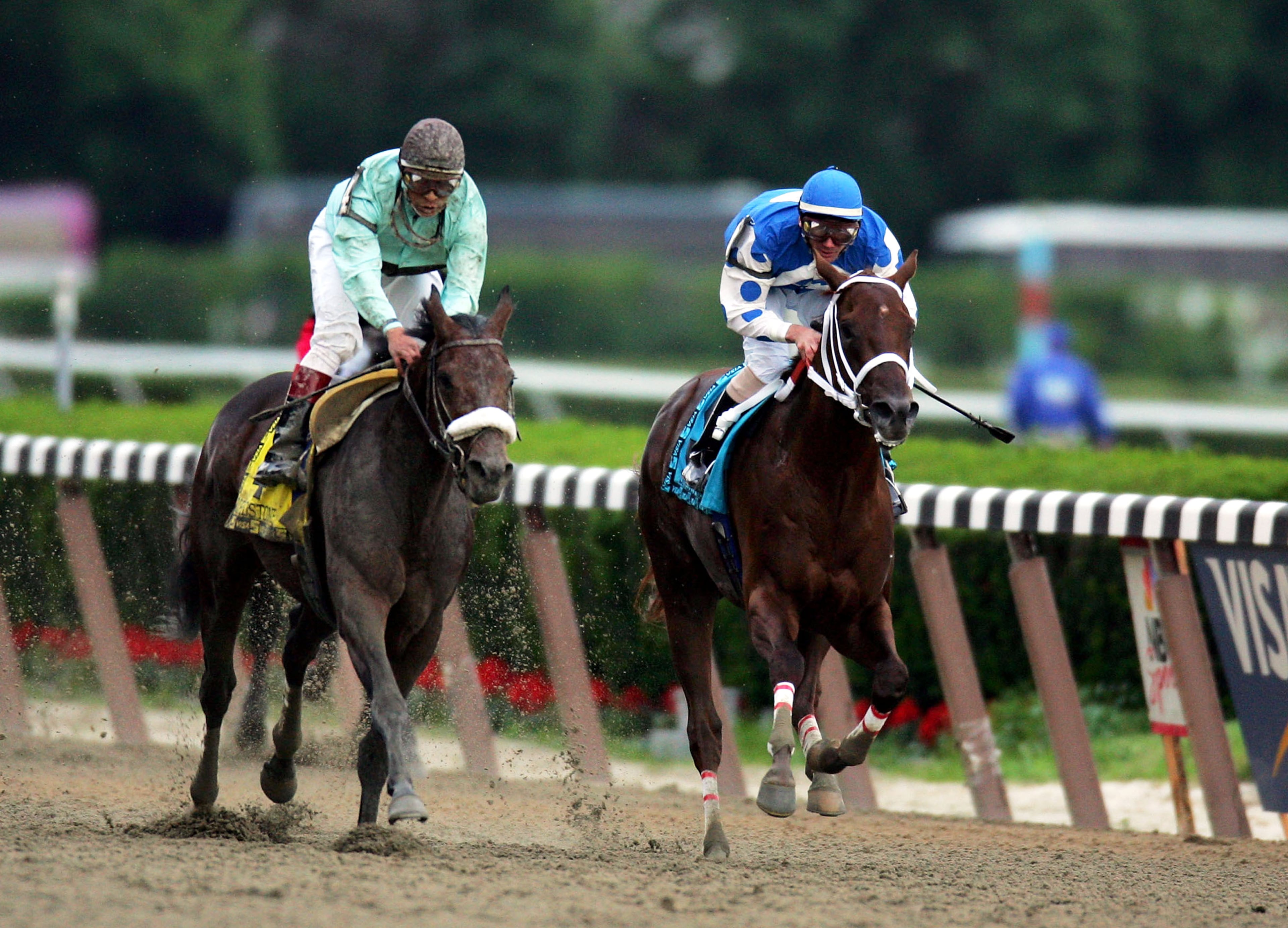 Birdstone (4) with Edgar Prado up, (L) overtakes Smarty Jones (9), with Stewart Elliott up, to win the 136th Belmont Stakes on June 5, 2004 at in Elmont, New York. (Photo by Al Bello/Getty Images)