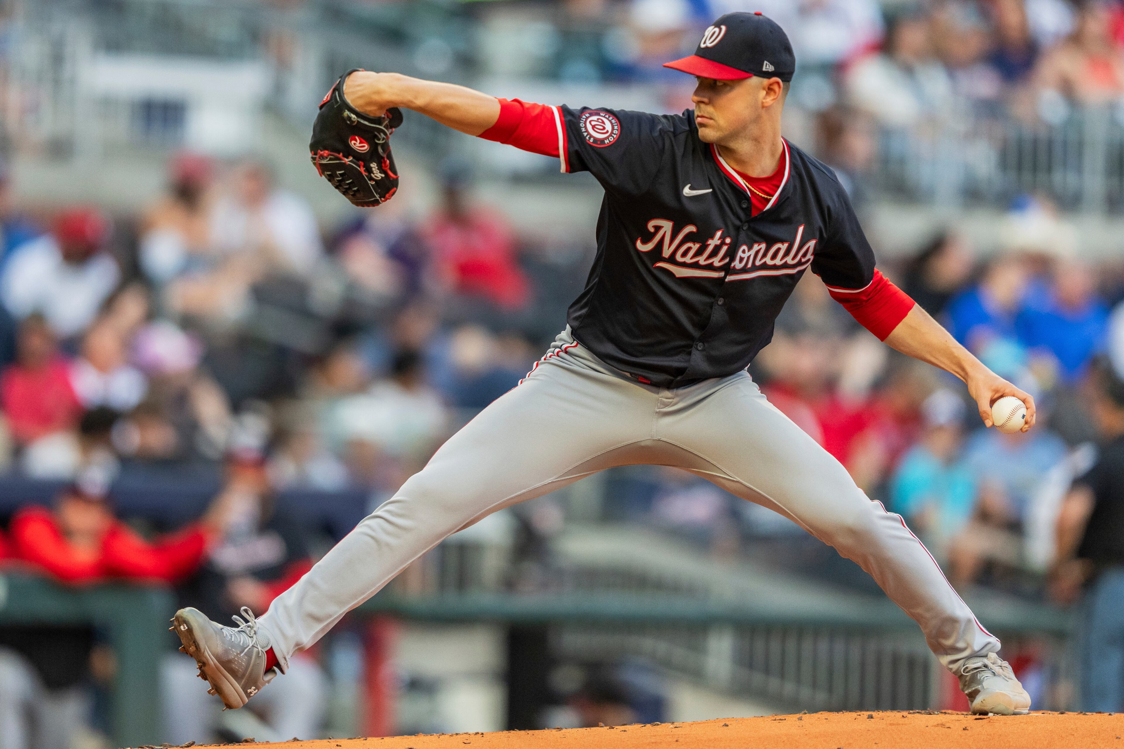 Washington Nationals pitcher MacKenzie Gore throws in the first inning of a baseball game against the Atlanta Braves, Friday, Aug. 23, 2024, in Atlanta. (AP Photo/Jason Allen)