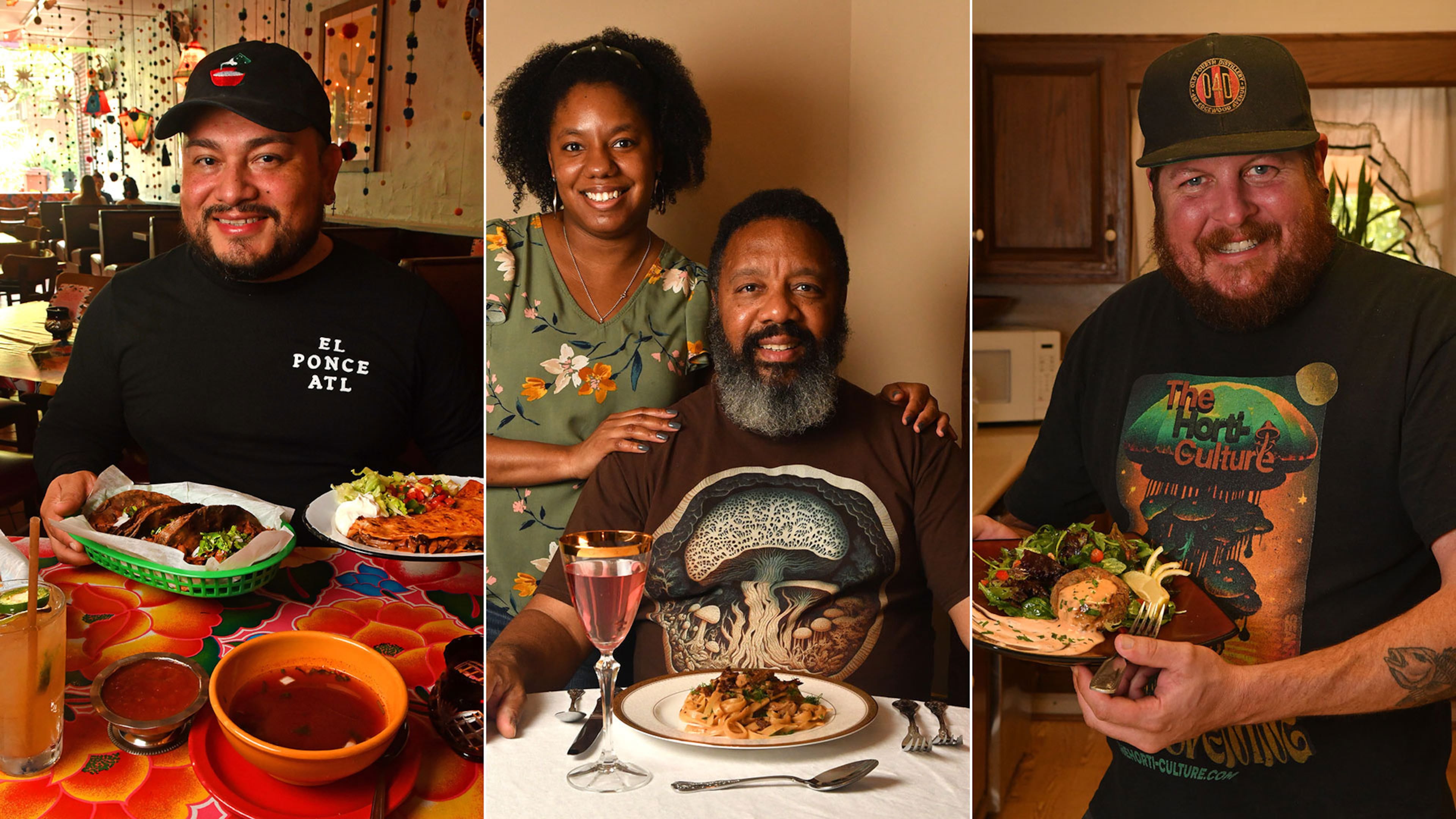 You can enjoy specialty mushrooms with recipes by Roberto Montalvo (left), general manager of El Ponce restaurant; Rena Williams (center), daughter of Shannon Williams of Noble Fungi Farm; and Bill Corcoran of the Horti-Culture. (Photos by Chris Hunt for The Atlanta Journal-Constitution)