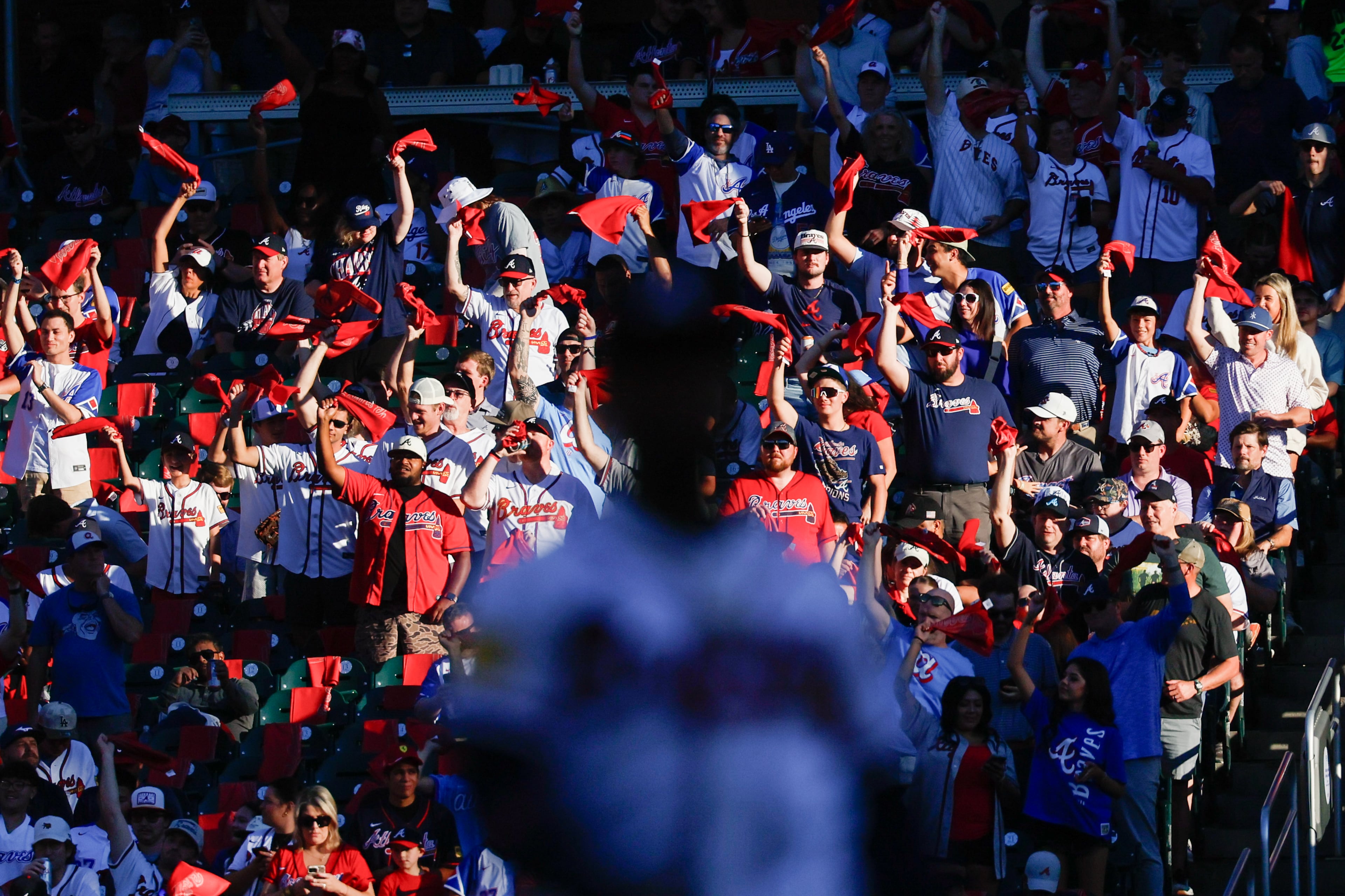 Atlanta Braves fans cheer for the team during the first inning of Game 4 of the MLB National League Division Series between the Atlanta Braves and the Los Angeles Dodgers, Wednesday, Oct. 7, 2026, in Atlanta. (Miguel Martinez/AJC)