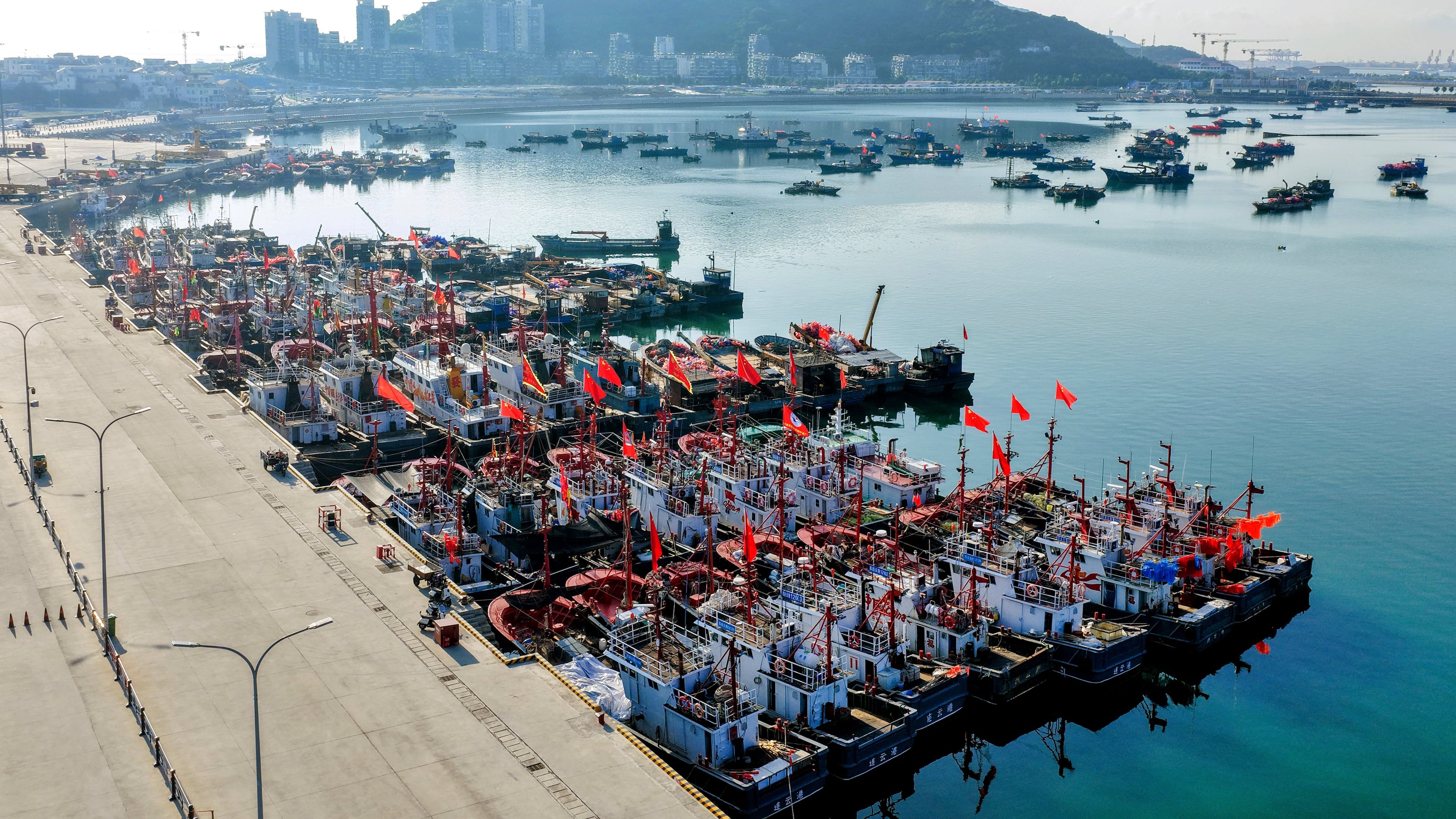 In this aerial photo released by Xinhua News Agency, fishing boats shelter at a port ahead of Typhoon Dolphin in Lianyungang, eastern China's Jiangsu Province on Aug. 7, 2026. (Wang Jianmin/Xinhua via AP)