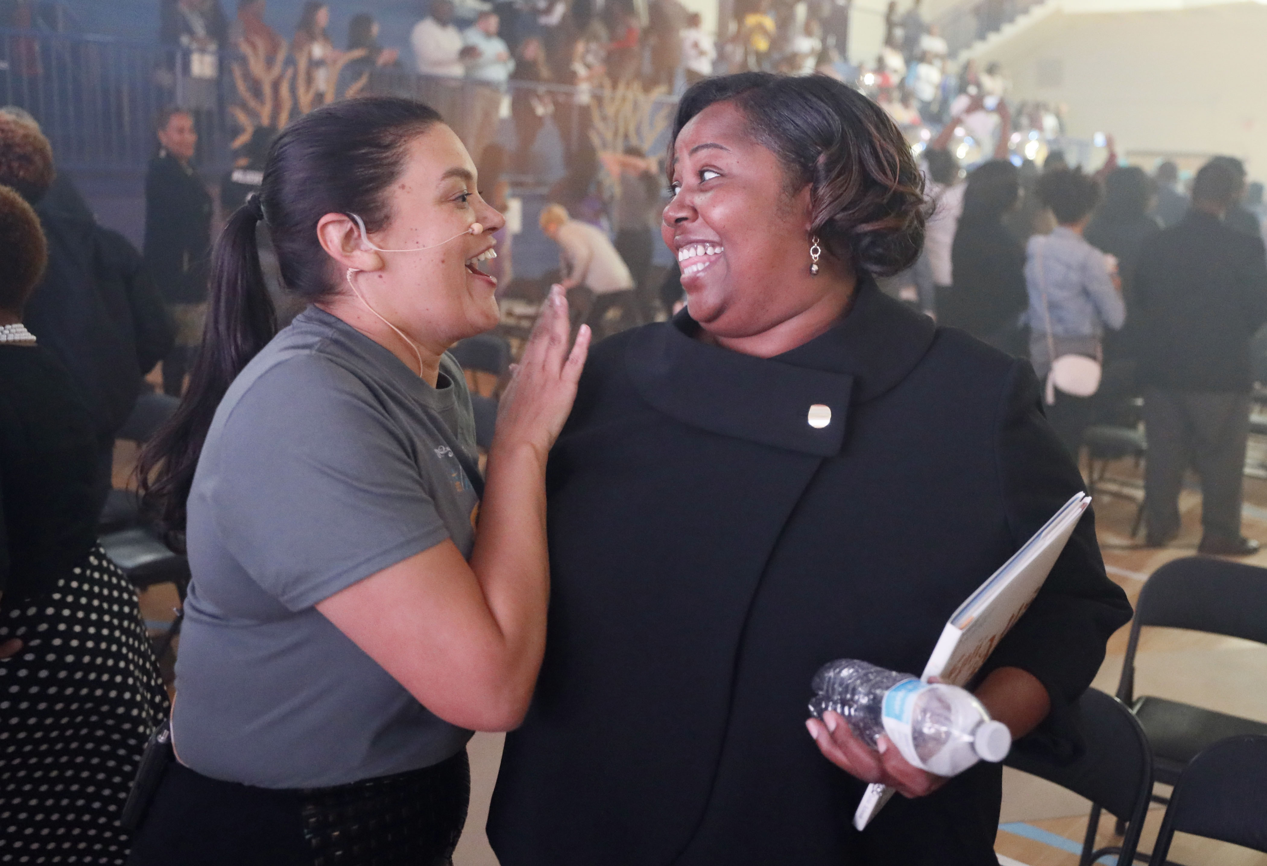 Atlanta Public Schools Superintendent Meria Carstarphen shares a moment with Harper-Archer Elementary School Principal Dione Simon Taylor, at the close of Carstarphen's final State of the District address. Bob Andres / robert.andres@ajc.com