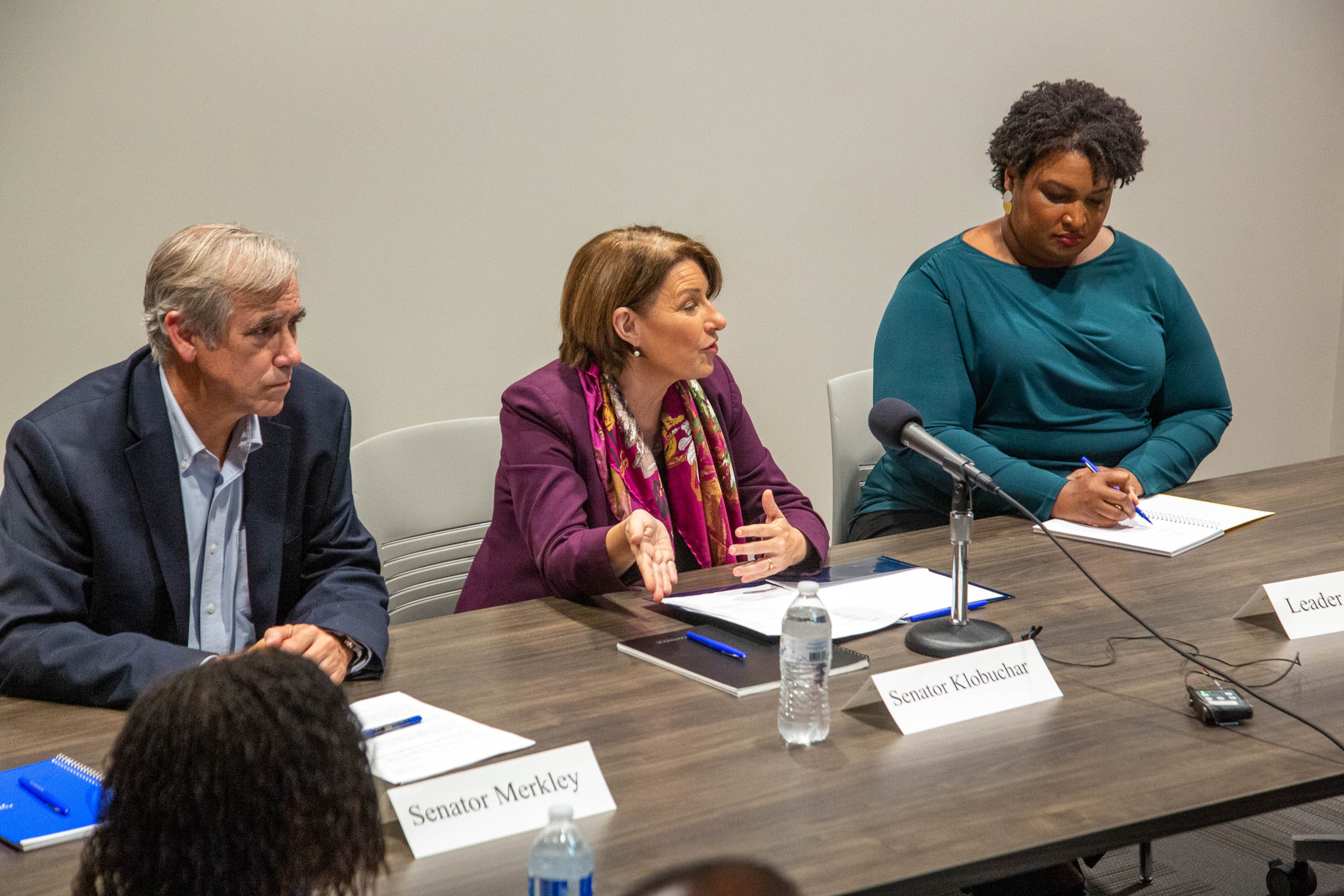 U.S. Sen. Jeff Merkley, D-Ore., (from left) U.S. Sen. Amy Klobuchar, D-Minn., and Fair Fight Action founder Stacey Abrams lead a roundtable conversation on the obstacles to voting at Smyrna Community Center on Sunday, July 18, 2021. (Photo: Steve Schaefer for The Atlanta Journal-Constitution)