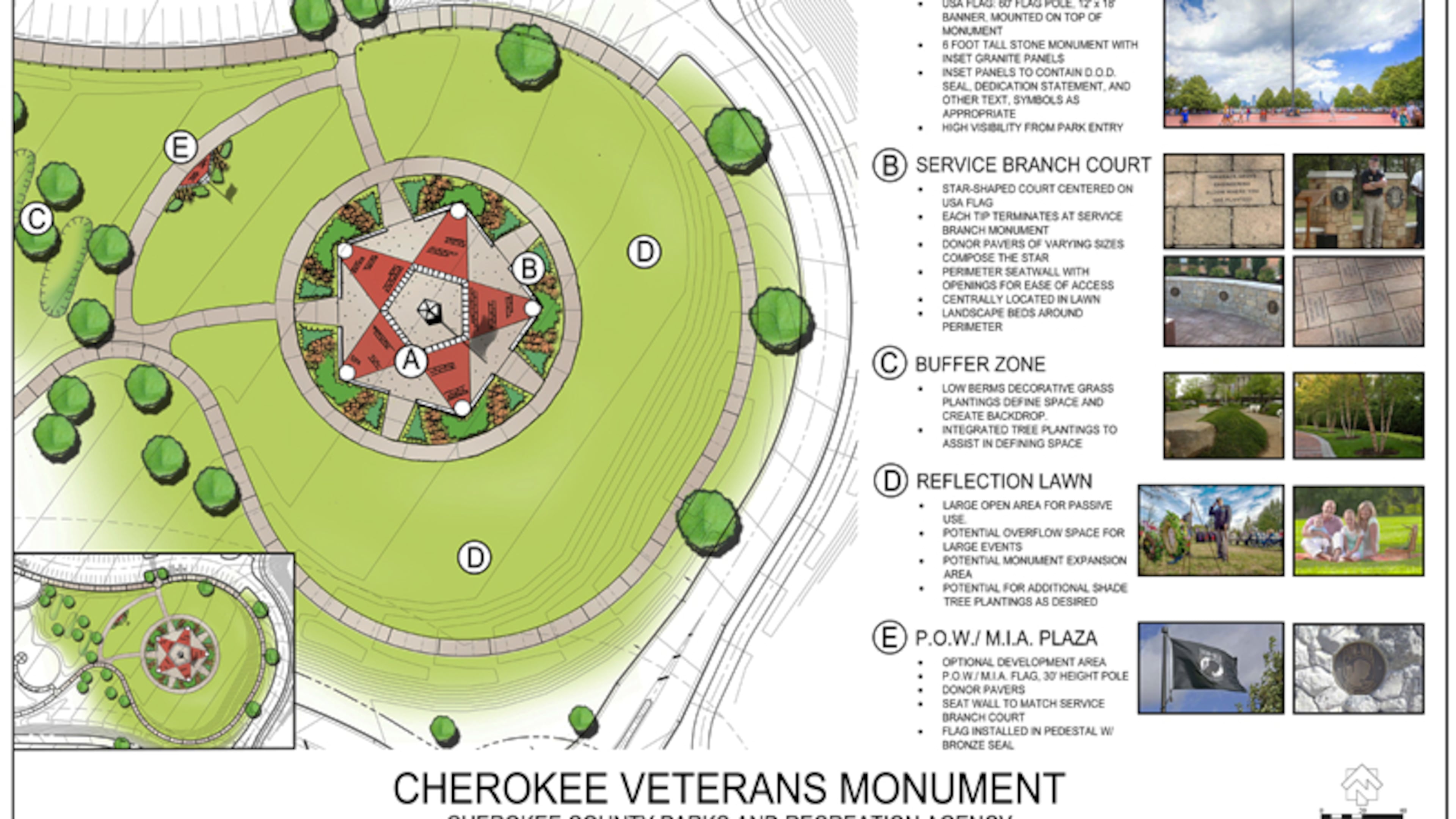 Architect’s plan depicts the proposed veteran’s monument at Cherokee Veterans Park in Canton. The Cherokee County Board of Commissioners has approved the concept plan. CHEROKEE COUNTY