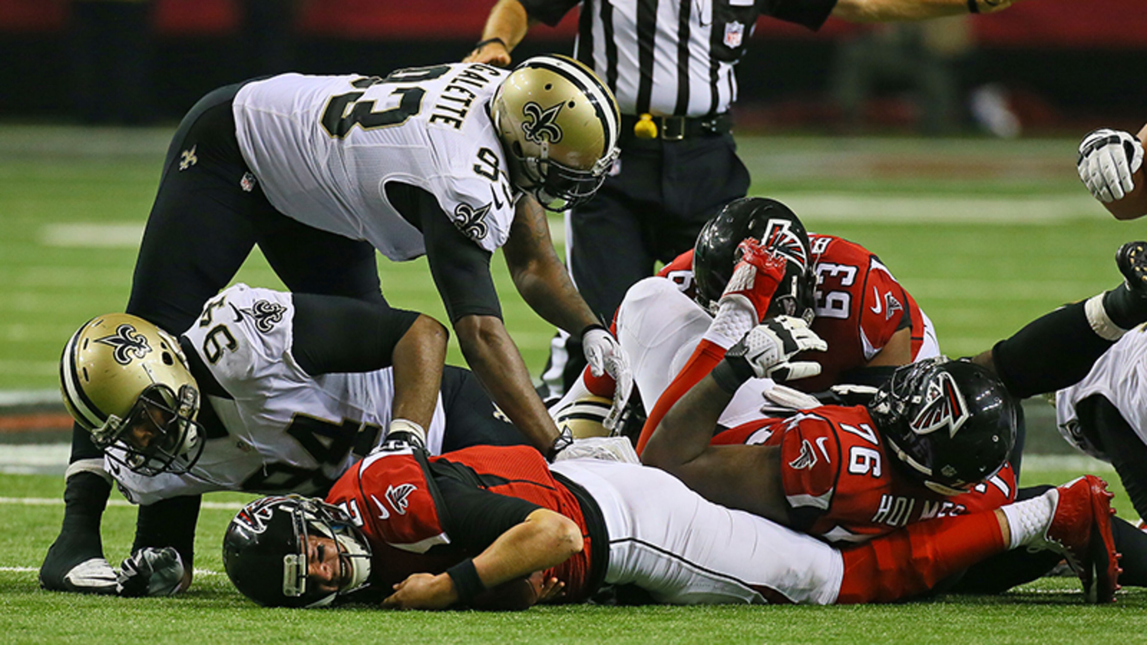 Falcons quarterback Matt Ryan was sacked a season-high five times in 17-13 loss to New Orleans Thursday at the Georgia Dome in Atlanta.