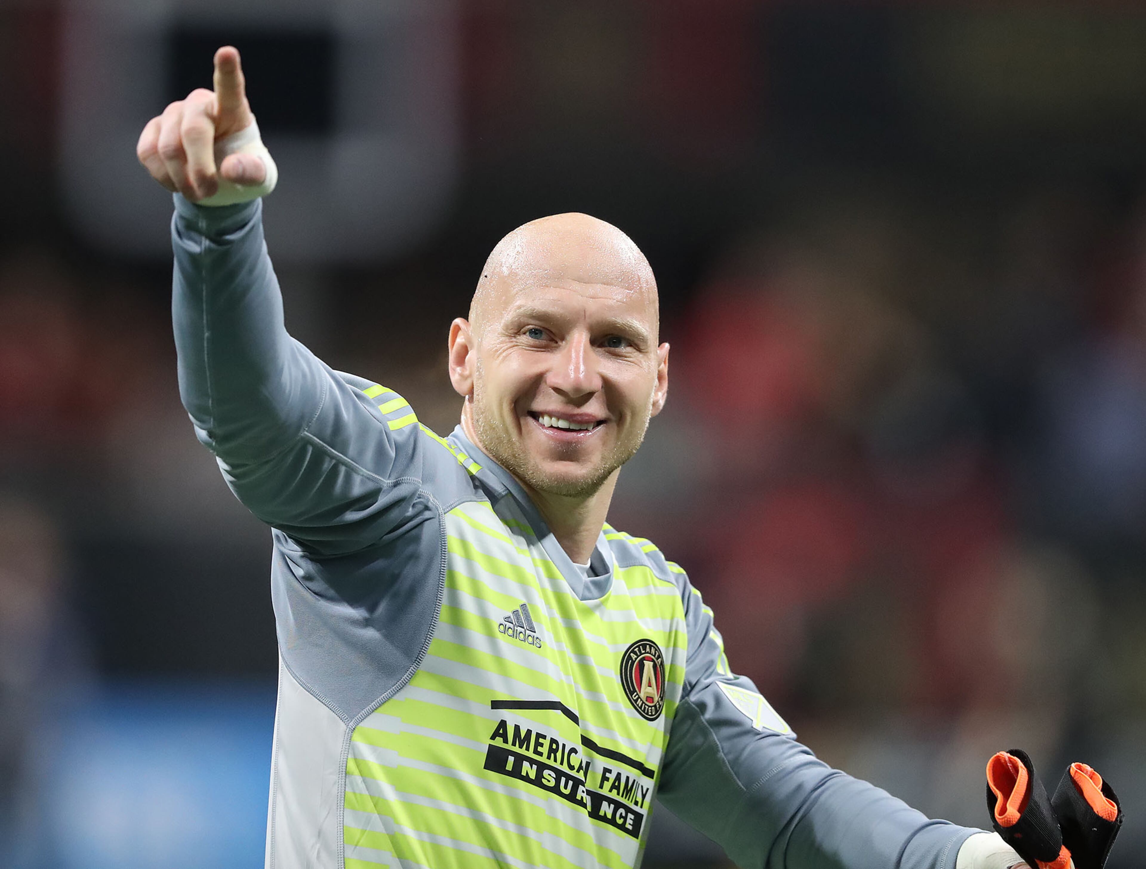 March 11, 2018 Atlanta: Atlanta United goalkeeper Brad Guzan celebrates a 3-1 victory over D.C. United during the home opener in a MLS soccer match on Sunday, March 11, 2018, in Atlanta. Curtis Compton/ccompton@ajc.com