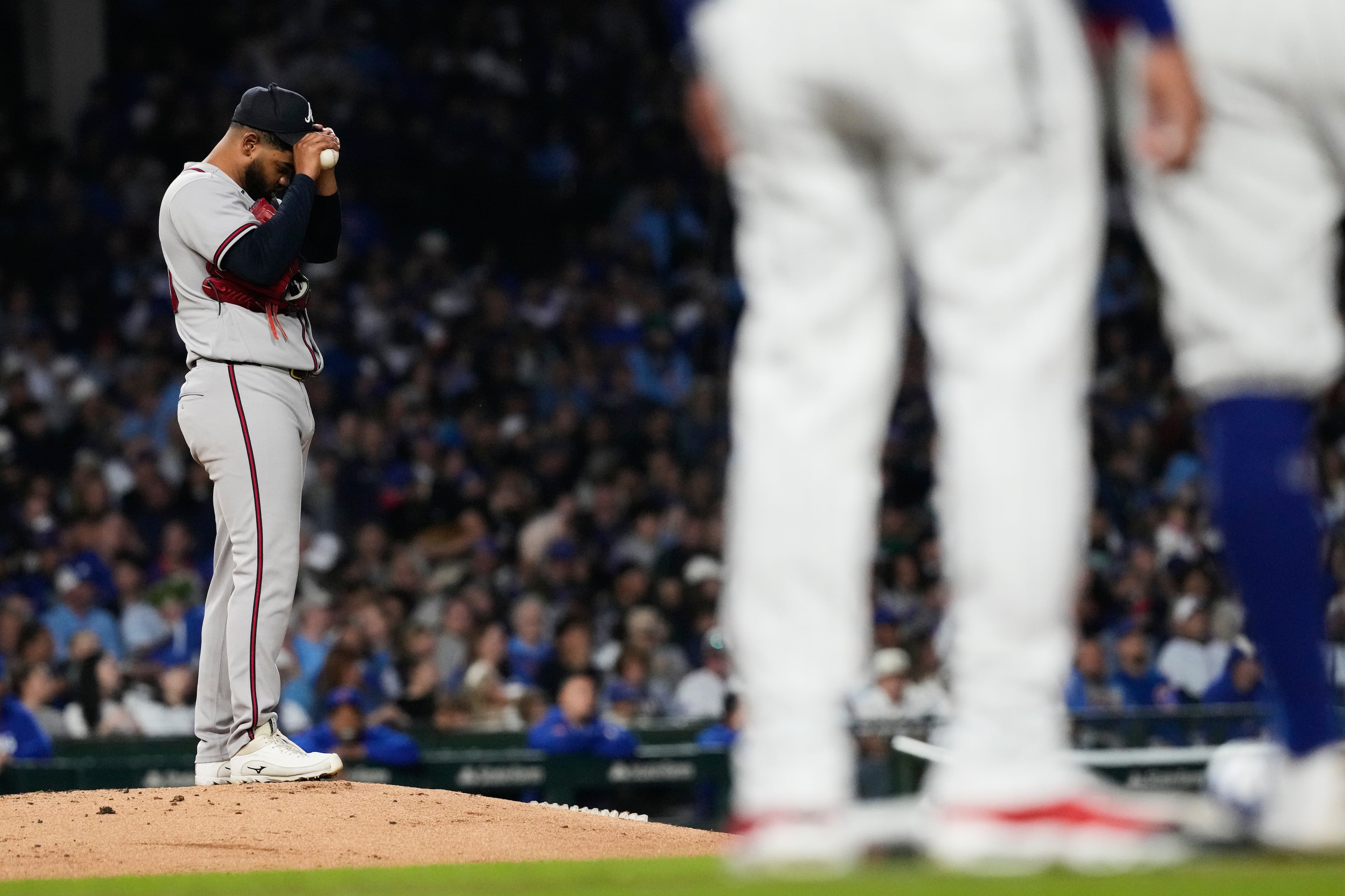 Braves starting pitcher Reynaldo López adjusts his cap during a game against the Cubs on Monday, Sept. 14, 2026, in Chicago. The Braves lost two of three to the Cubs this week. (Nam Y. Huh/AP)