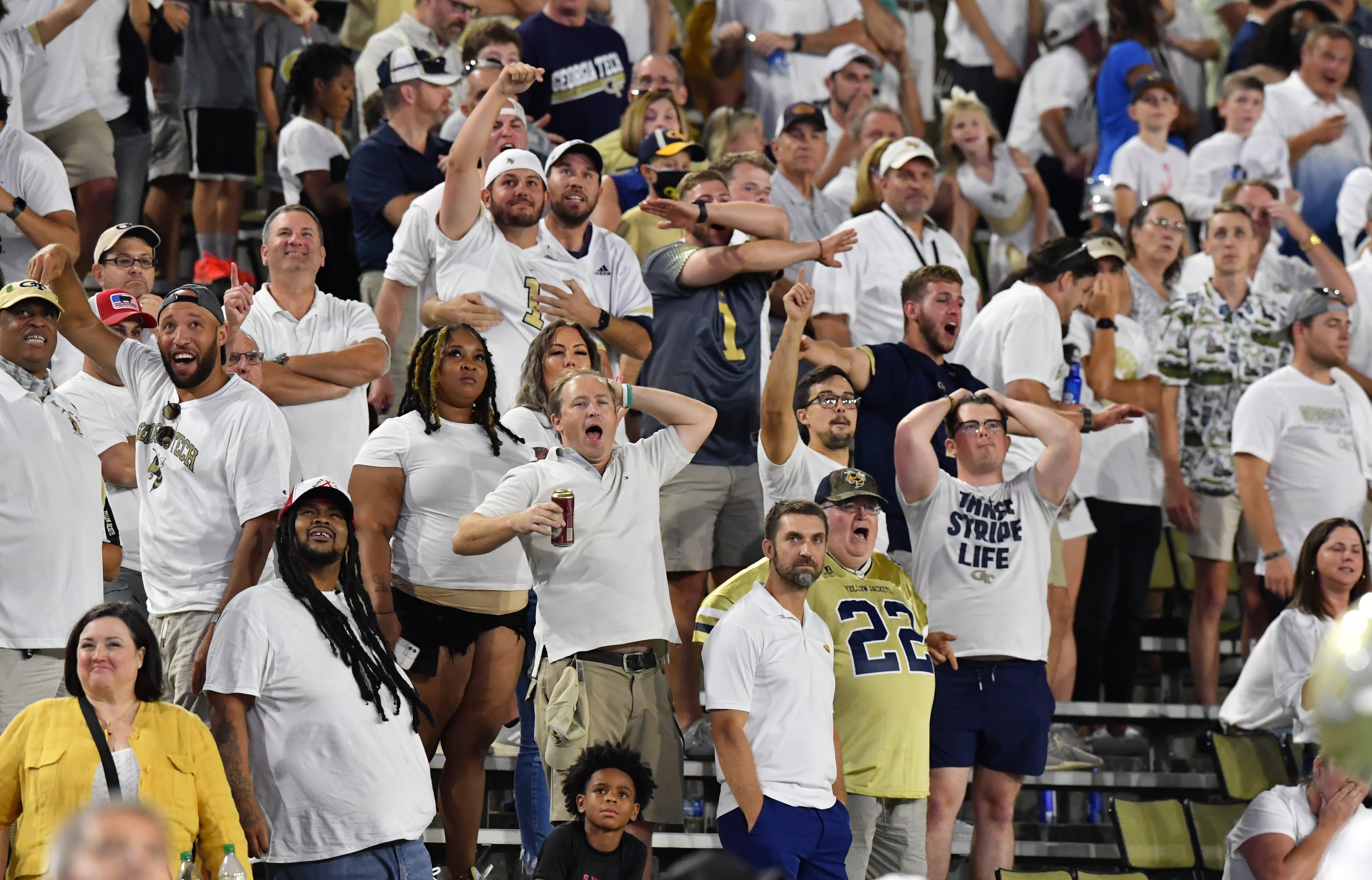 September 4, 2021 Atlanta - Georgia Tech fans react after Northern Illinois' wide receiver Tyrice Richie (3) made the game winning catch during the second half of an NCAA college football game at Georgia Tech's Bobby Dodd Stadium in Atlanta on Saturday, September 4, 2021. Northern Illinois won 22-21 over Georgia Tech(Hyosub Shin / Hyosub.Shin@ajc.com)