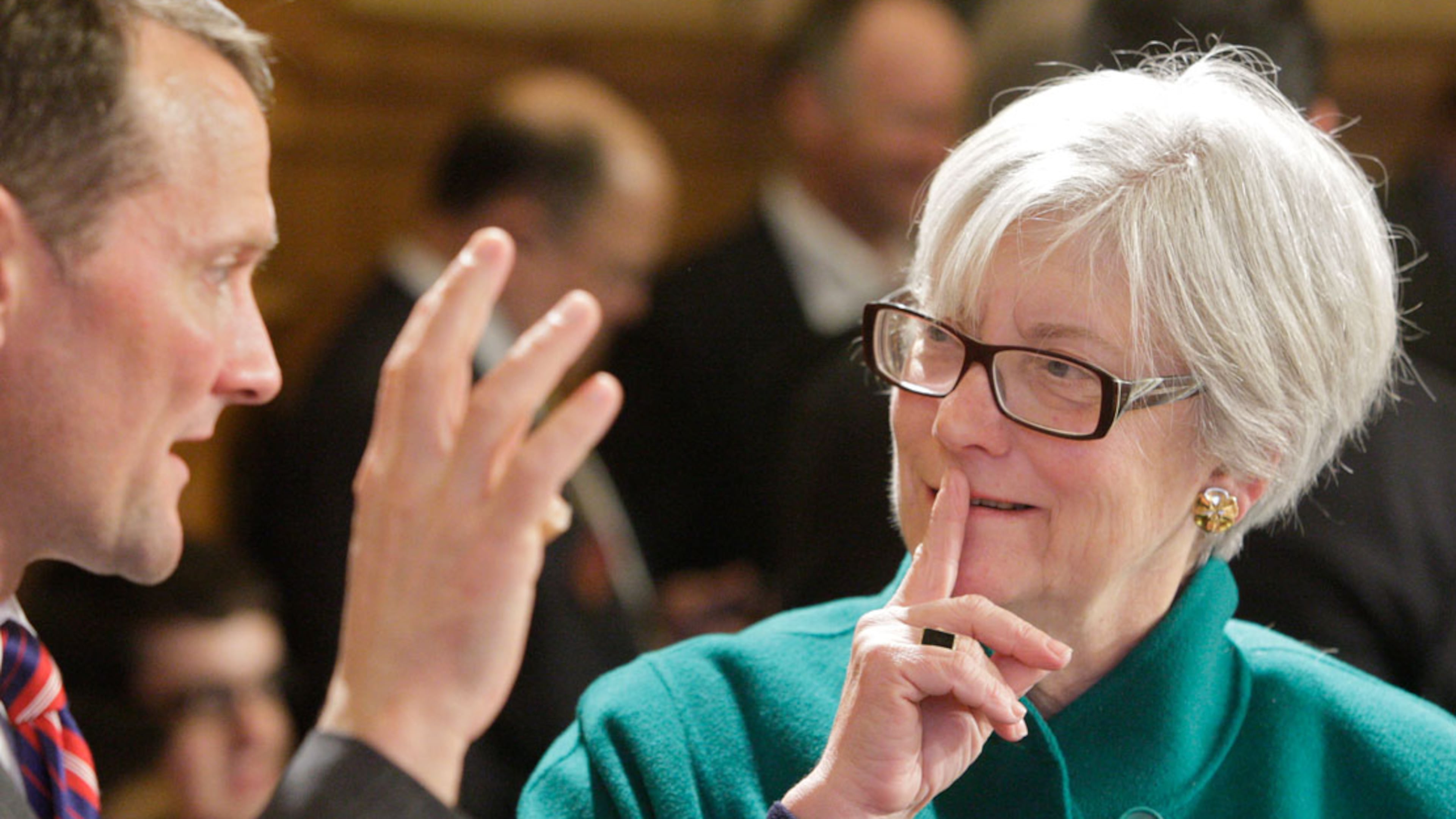 Scott Austensen, CFO at the Georgia Department of Education (left) speaks with Rep. Kathy Ashe after his budget presentation.