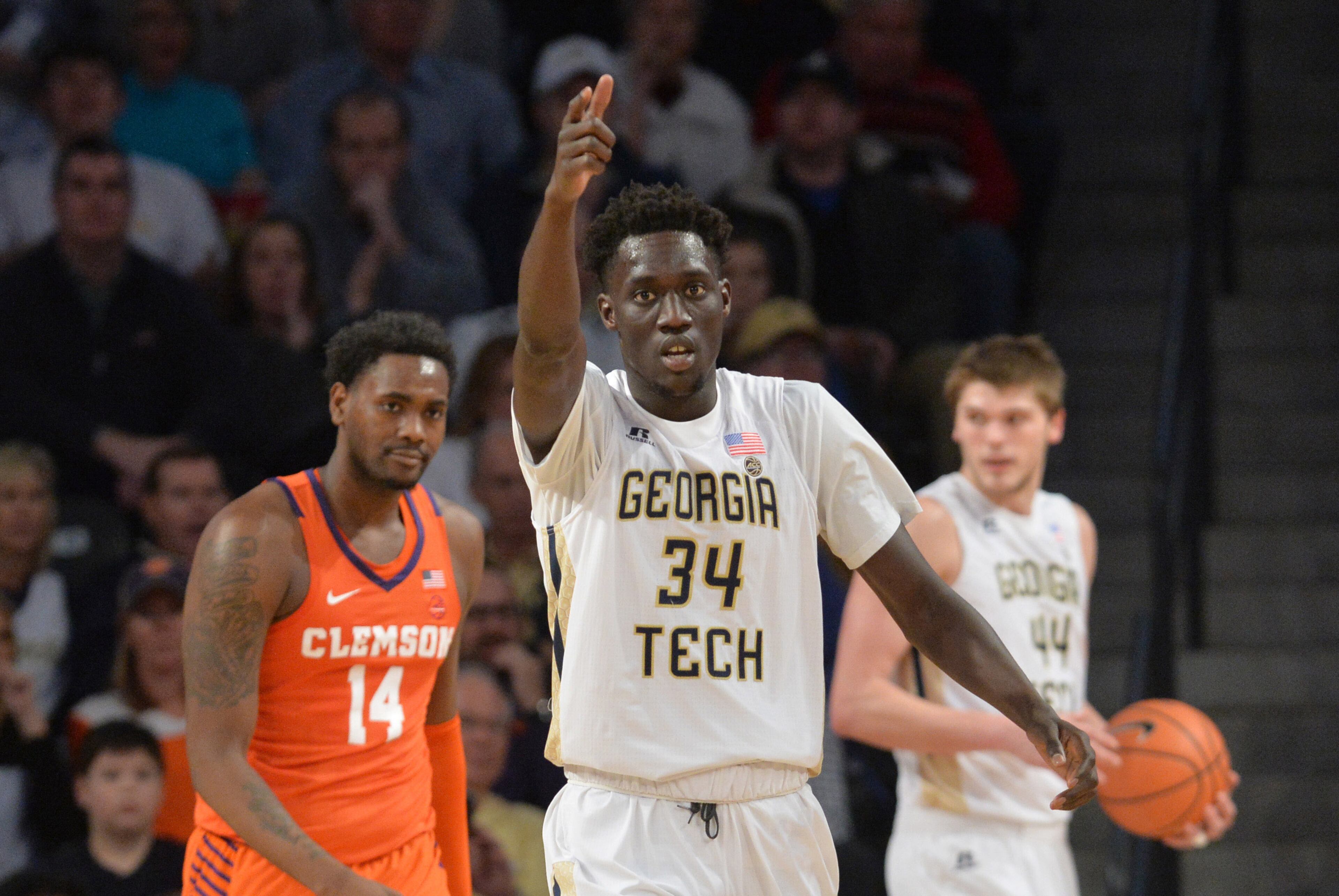 January 28, 2018 Atlanta - Georgia Tech forward Abdoulaye Gueye (34) celebrates during the first half in a NCAA college basketball game at McCamish Pavilion in Atlanta on Sunday, January 28, 2018. HYOSUB SHIN / HSHIN@AJC.COM