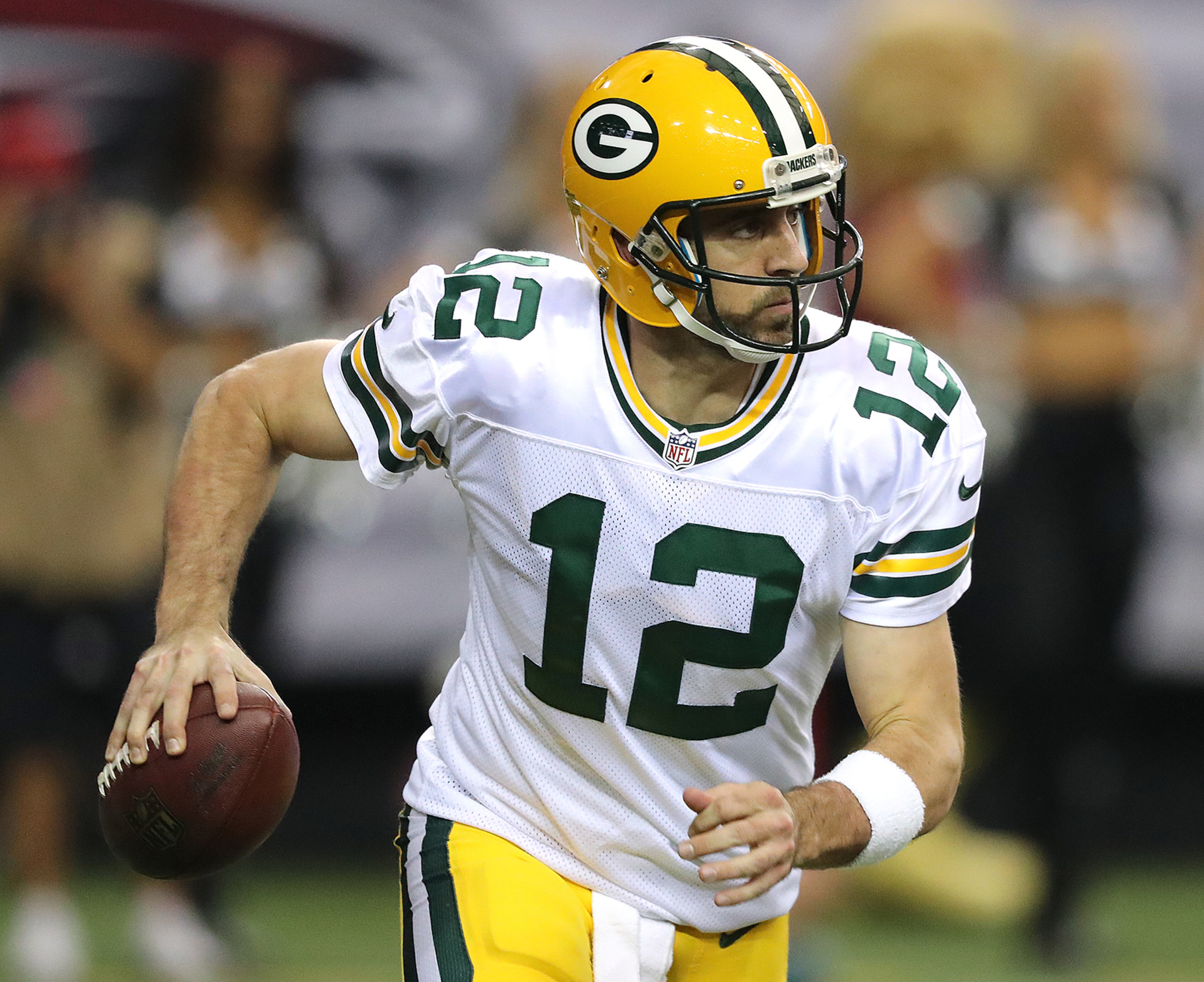October 30, 2016 ATLANTA: Aaron Rodgers looks to pass against the Falcons during the first half in an NFL football game on Sunday, Oct. 30, 2016, in Atlanta. Curtis Compton /ccompton@ajc.com