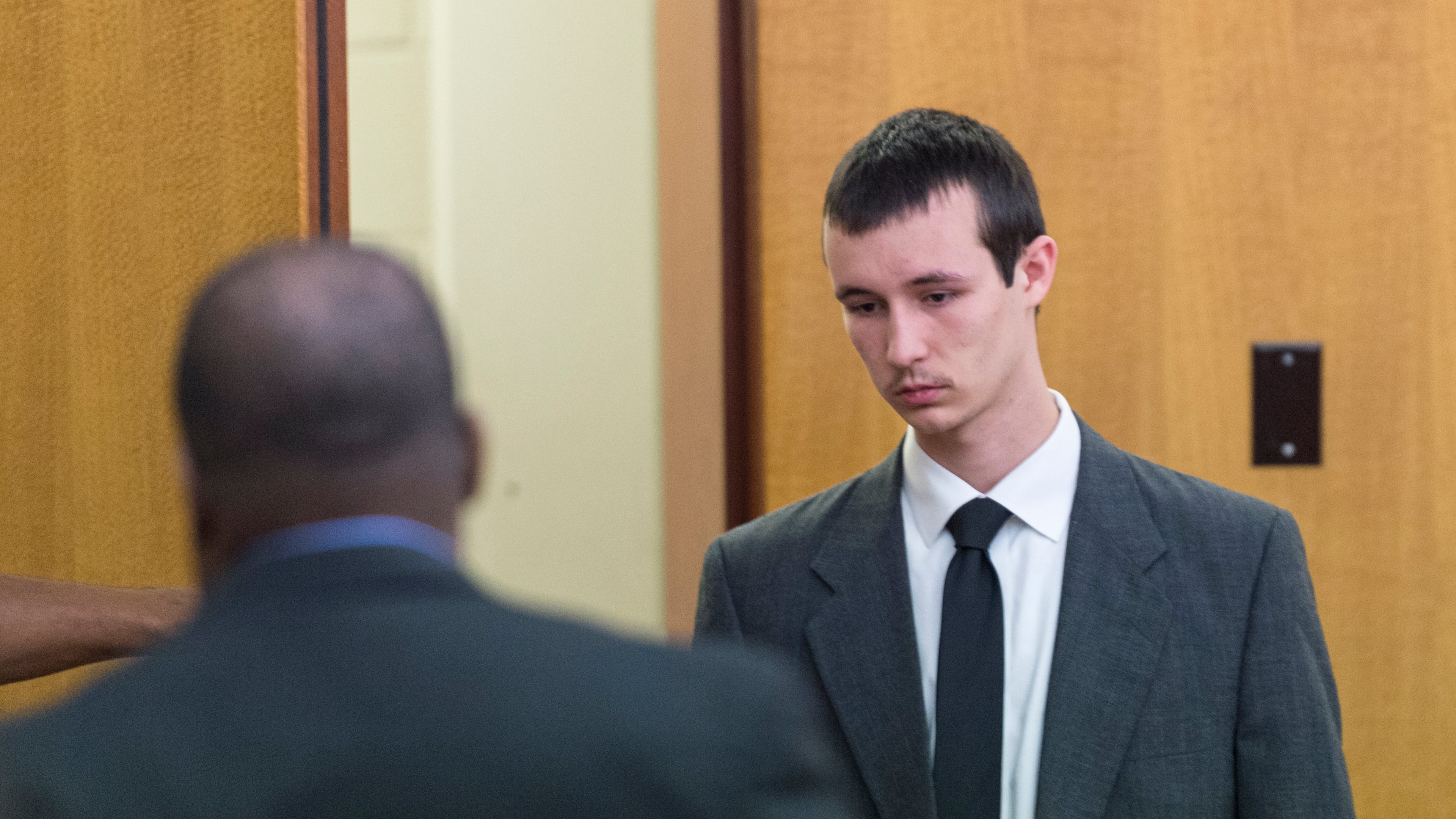 May 17, 2017, Atlanta - Jeffrey Hazelwood, right, is brought into court before a sentencing in Atlanta, Georgia, on Wednesday, May 17, 2017. Hazelwood plans to plead guilty to all charges involving the murder of Carter Davis and Natalie Henderson, (DAVID BARNES / DAVID.BARNES@AJC.COM)