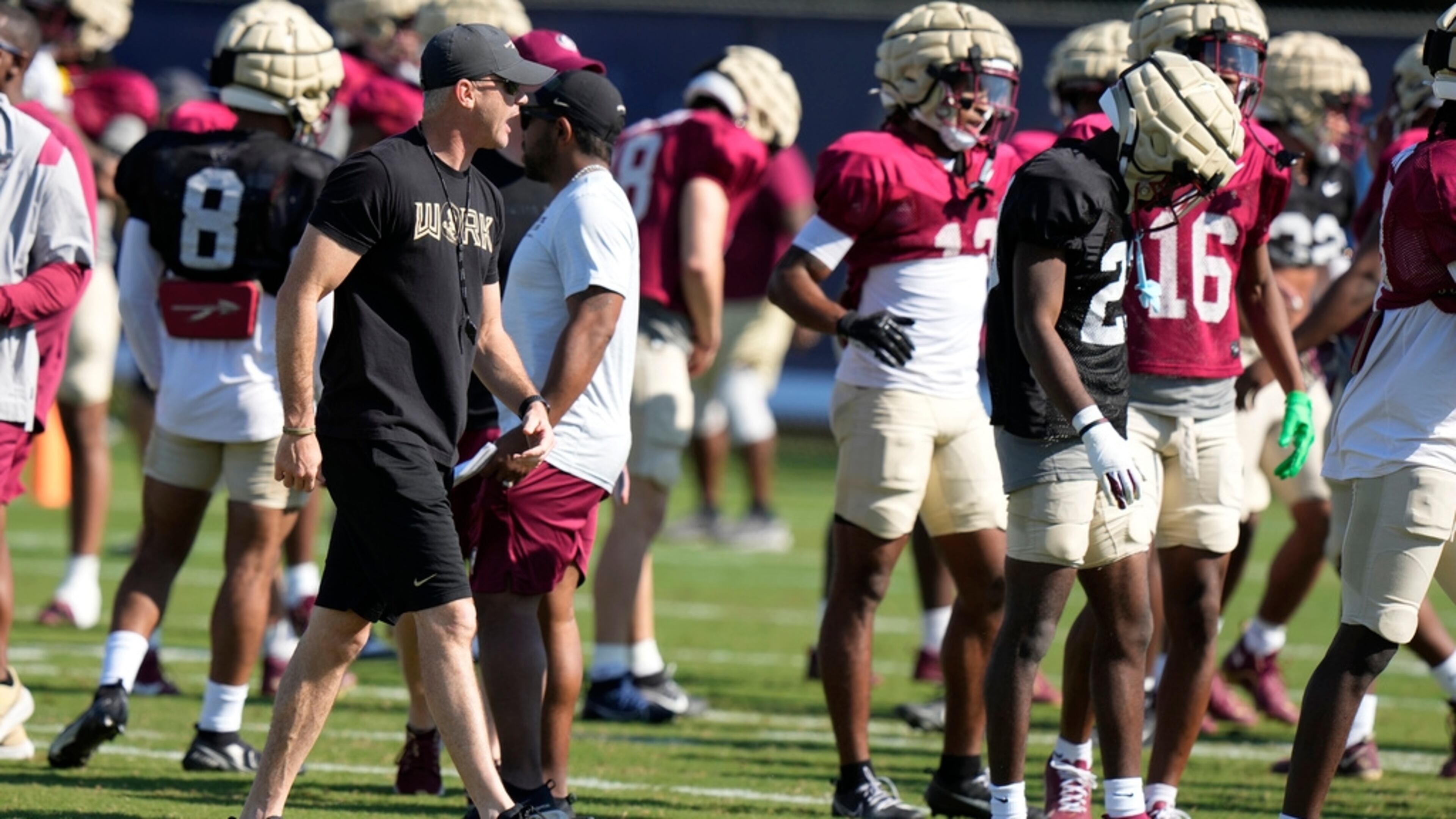 Florida State head coach Mike Norvell watches as the team prepares for the Orange Bowl NCAA college football game, Wednesday, Dec. 27, 2023, in Davie, Fla. Florida State is scheduled to play Georgia in the Orange Bowl Saturday at Hard Rock Stadium in Miami Gardens. (AP Photo/Lynne Sladky)