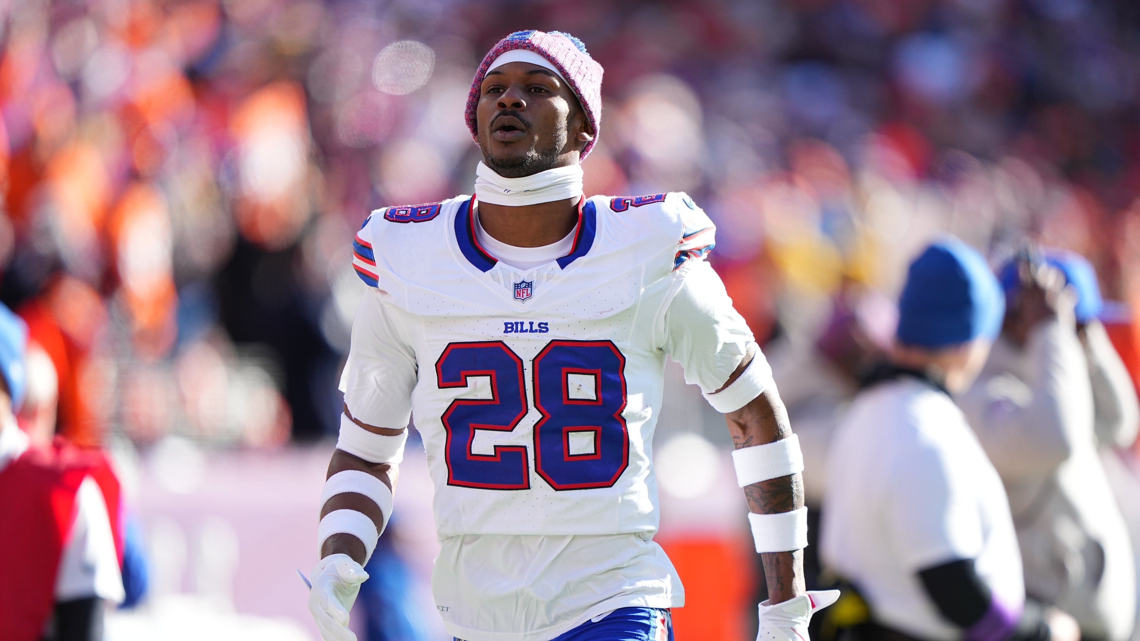 FILE - Buffalo Bills safety Sam Franklin Jr. (28) celebrates prior to the game against the Denver Broncos in an NFL divisional playoff football game, Saturday, Jan. 17, 2026 in Denver. (AP Photo/Bart Young, File)