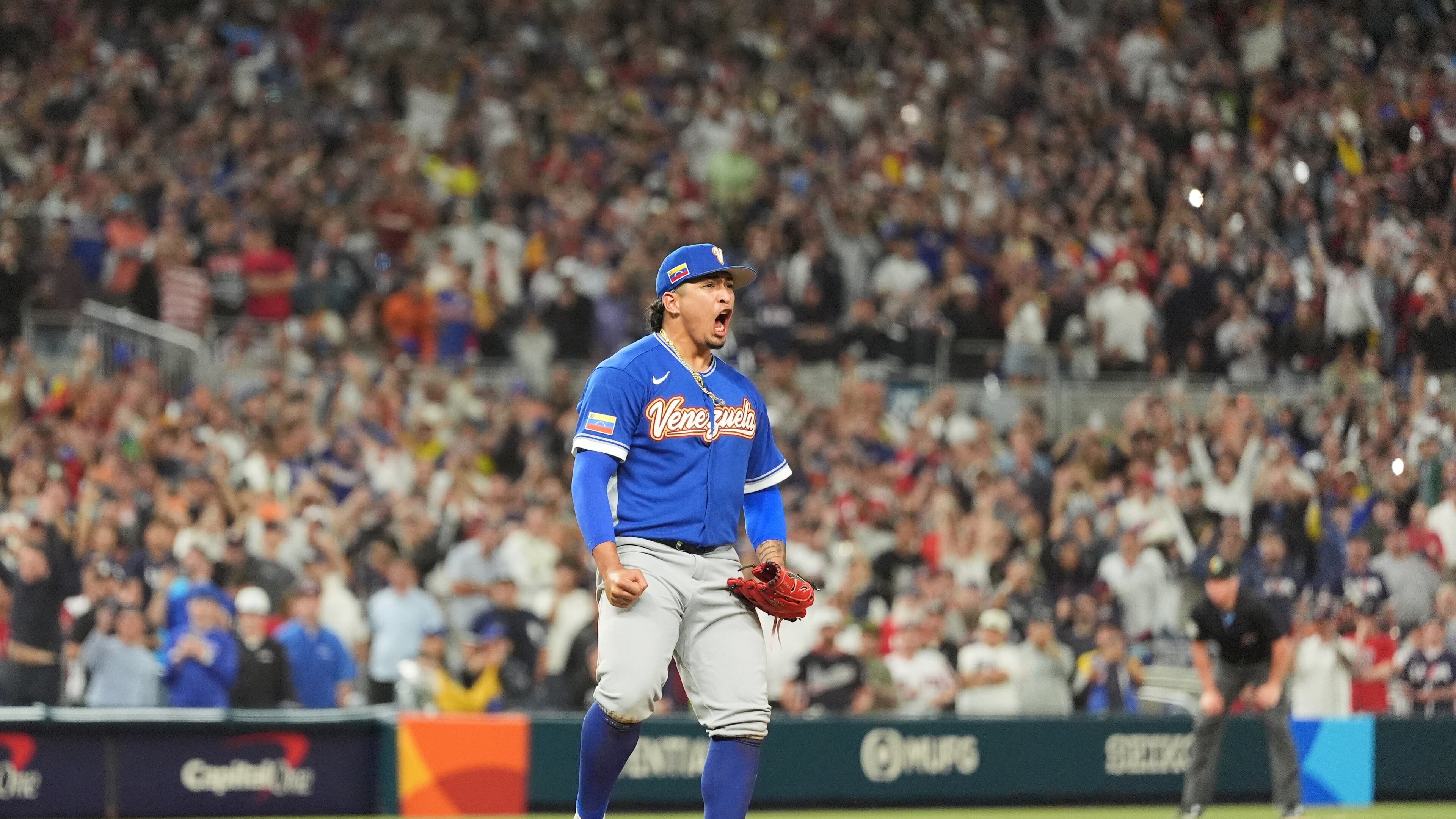 Venezuela pitcher Daniel Palencia celebrates after the team defeated the United States in the championship game of the World Baseball Classic, Tuesday, March 17, 2026, in Miami. (AP Photo/Rebecca Blackwell)