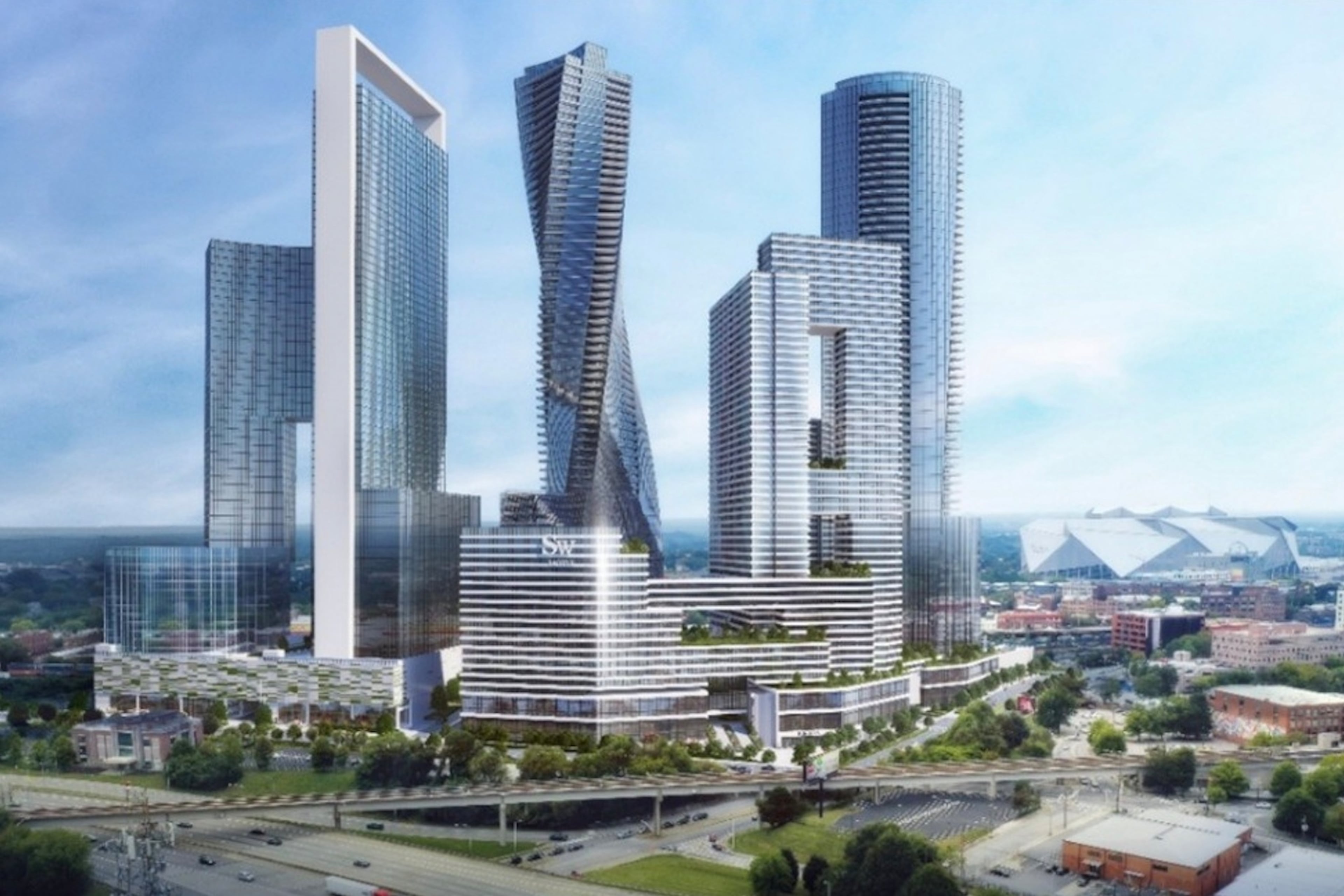This is a rendering of the Forge Atlanta project, which is envisioned for a 10-acre site between downtown Atlanta and Castleberry Hill. The rendering was released in October 2025 as part of the third effort to develop the property into a high-rise district.