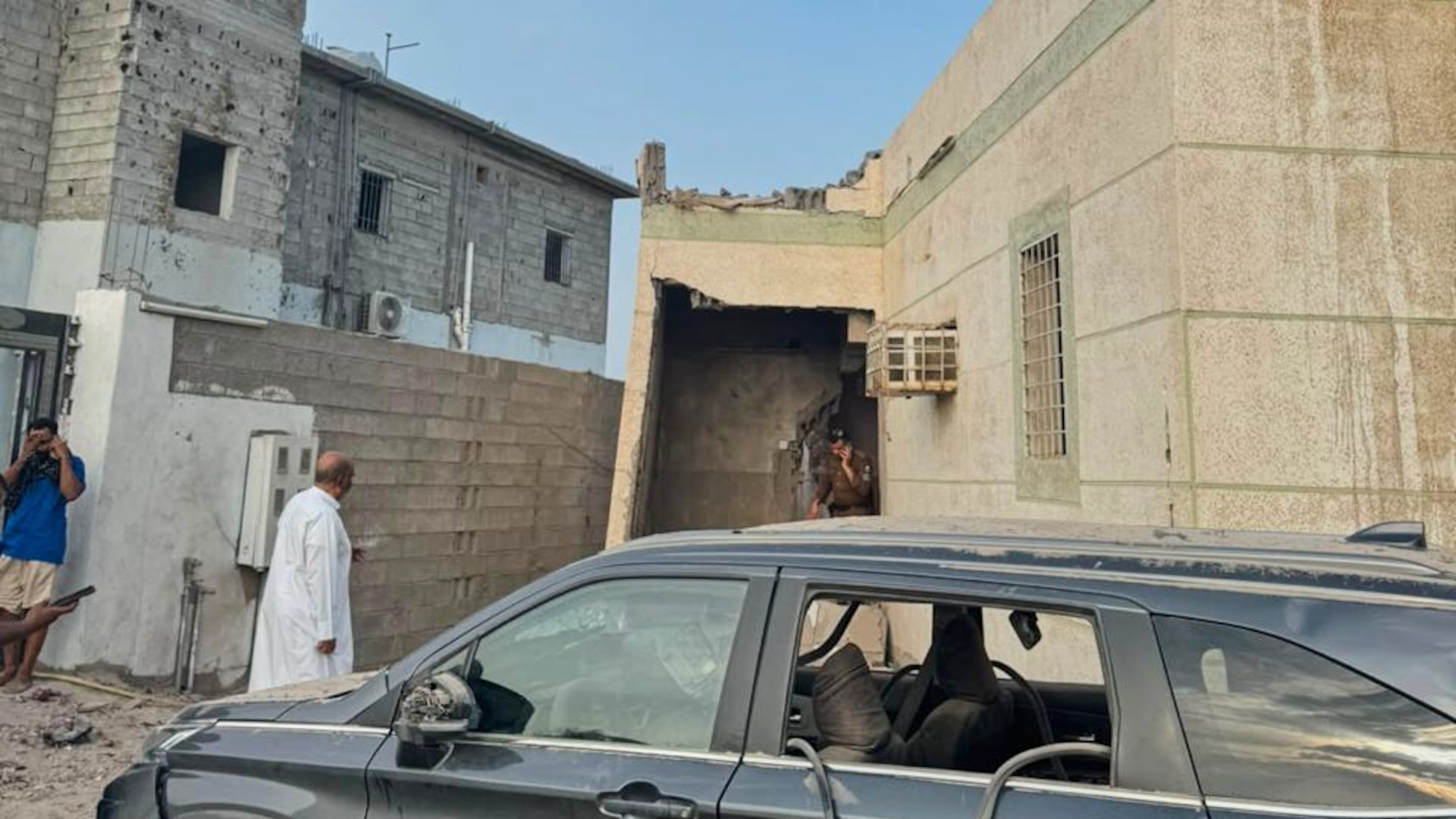 This photo provided by the Saudi Press Agency shows damage to a building after a projectile fell in Al-Tawwal, Jazan, Saudi Arabia, on the southern border with Yemen, Saturday, Sept. 12, 2026. (Saudi Press Agency via AP)