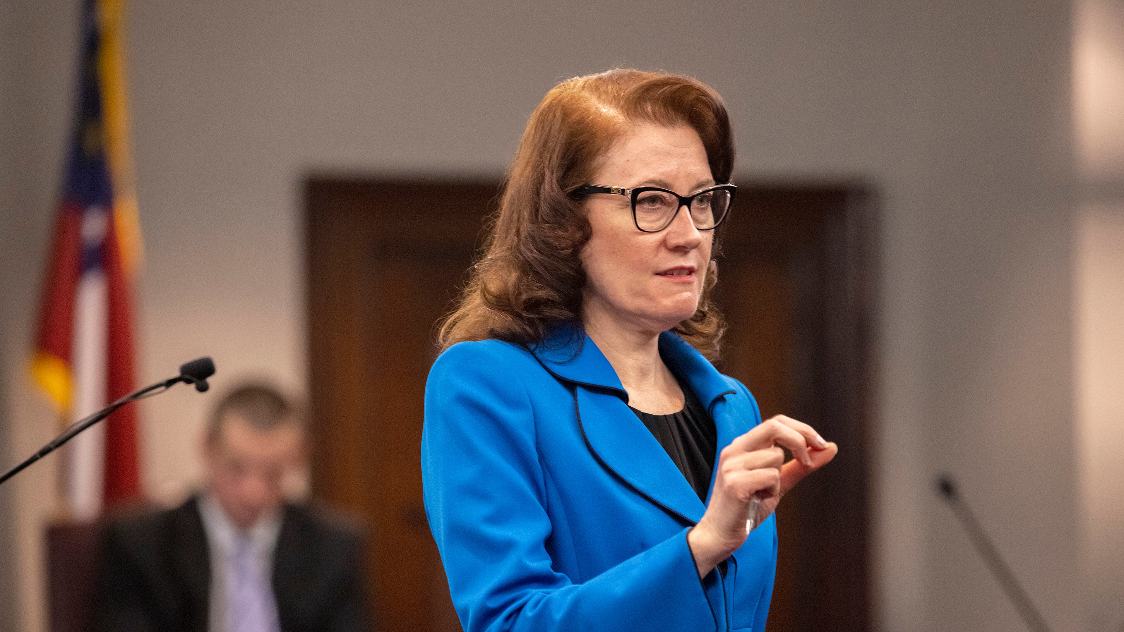 Prosecutor Linda Dunikoski speaks during the trial for Ahmaud Arbery's shooting death at the Glynn County Courthouse on Nov. 9, 2021, in Brunswick, Georgia. (Stephen B. Morton/Pool/Getty Images/TNS)
