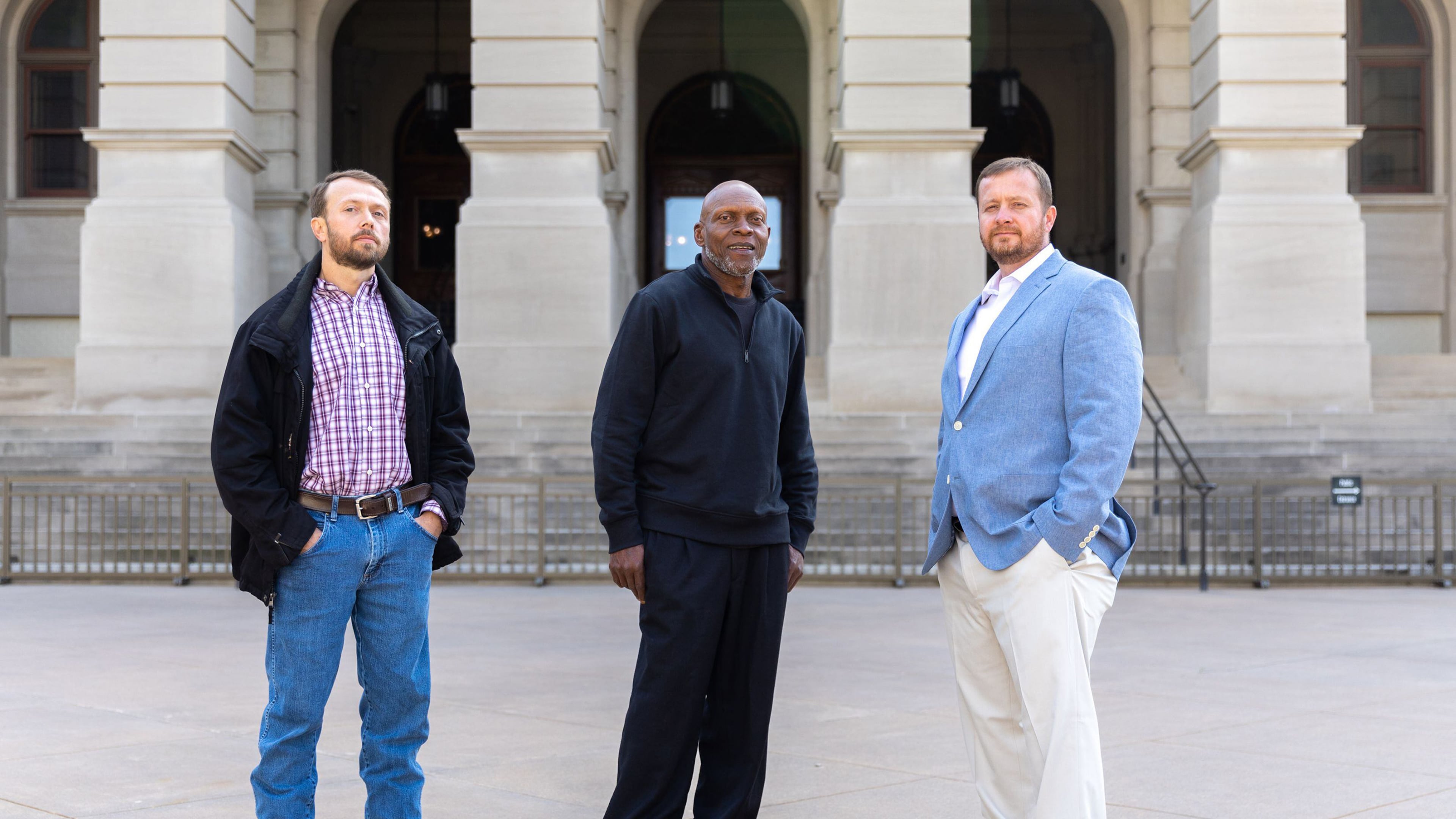 Exonerees (from left) Daryl "Lee" Clark, Terry Talley and Joseph "Joey" Watkins visit the Georgia Capitol to support a new compensation law for those wrongfully convicted. (Arvin Temkar/AJC)
