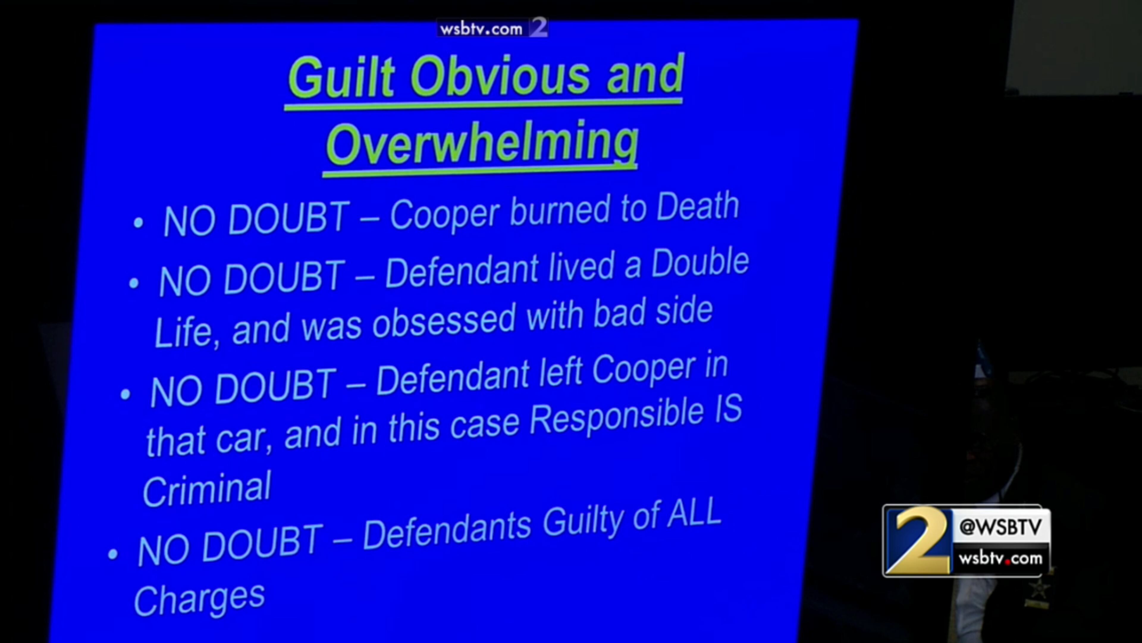 Prosecutor Chuck Boring wraps up his closing argument by showing how Justin Ross Harris is guilty of all counts, during Harris' murder trial at the Glynn County Courthouse in Brunswick, Ga., on Monday, Nov. 7, 2016. (screen capture via WSB-TV)
