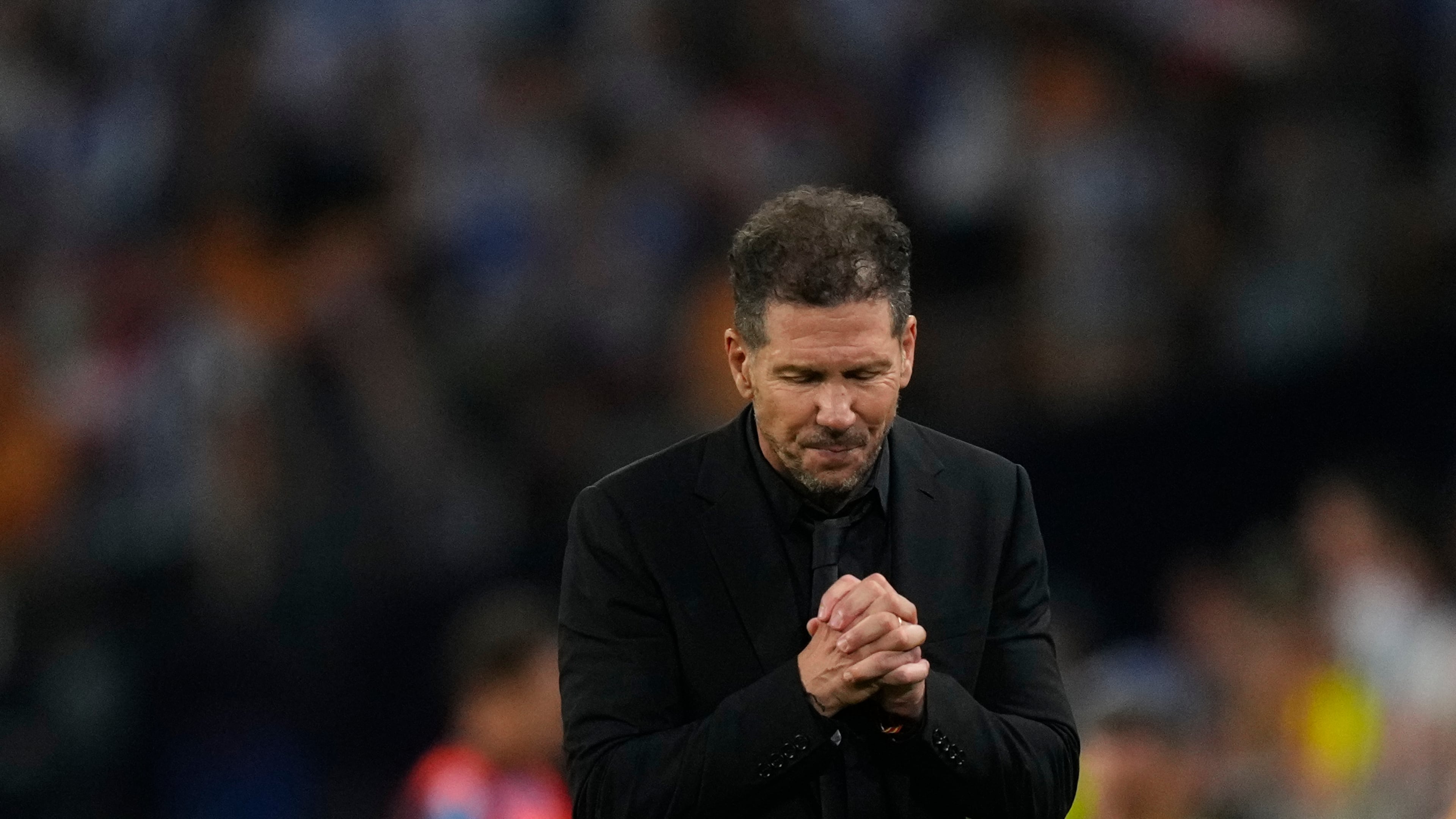Atletico Madrid's head coach Diego Simeone reacts during the Copa del Rey final soccer match between Atletico Madrid and Real Sociedad in Seville, Spain, Saturday, April. 18, 2026. (AP Photo/Jose Breton)