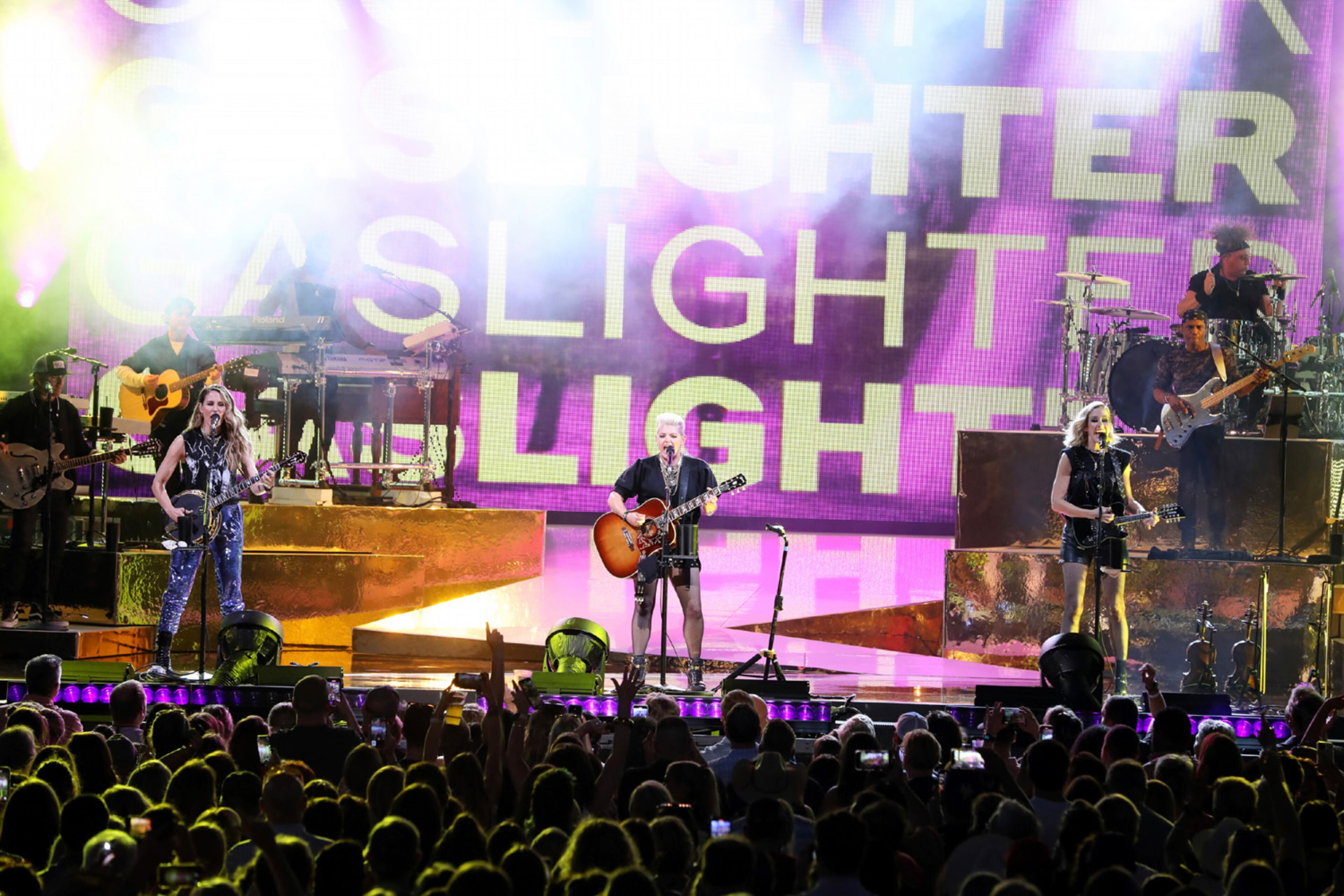 The Chicks perform "Texas Man" for a sellout crowd Saturday night, July 16, 2022, at Ameris Bank Amphitheatre in Alpharetta. (Photo: Robb Cohen for The Atlanta Journal-Constitution)