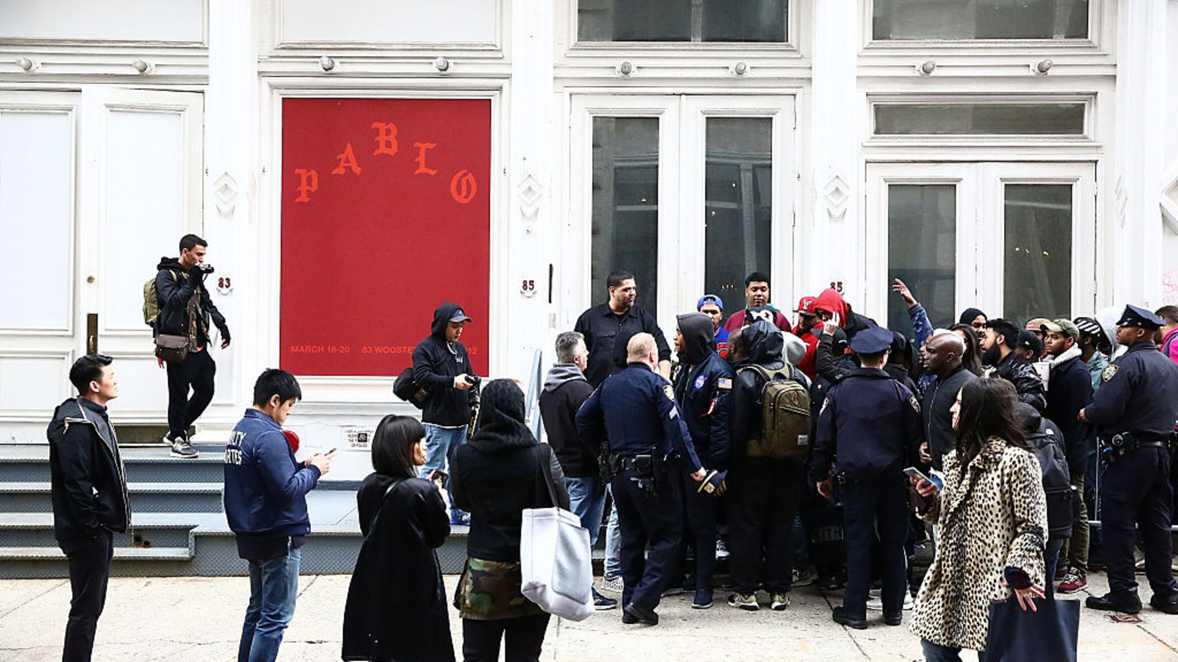NEW YORK, NY - MARCH 18: NYPD guard the area near 83 Wooster Street in Soho at the Kanye West "Pablo Pop-Up Shop" In Manhattan on March 18, 2016 in New York City. (Photo by Astrid Stawiarz/Getty Images)