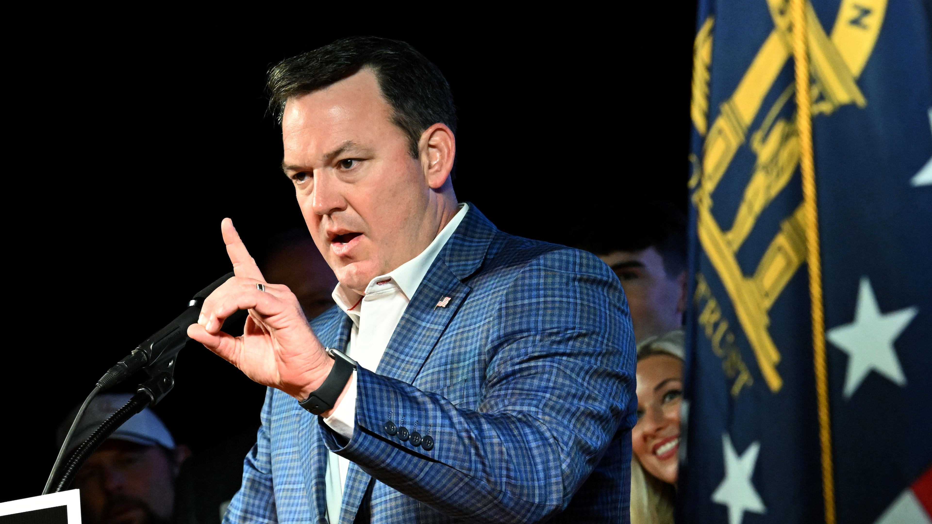 Lt. Gov. Burt Jones, Republican gubernatorial candidate, addresses supporters at his election night party on May 19 in Jackson. (Hyosub Shin/AJC)