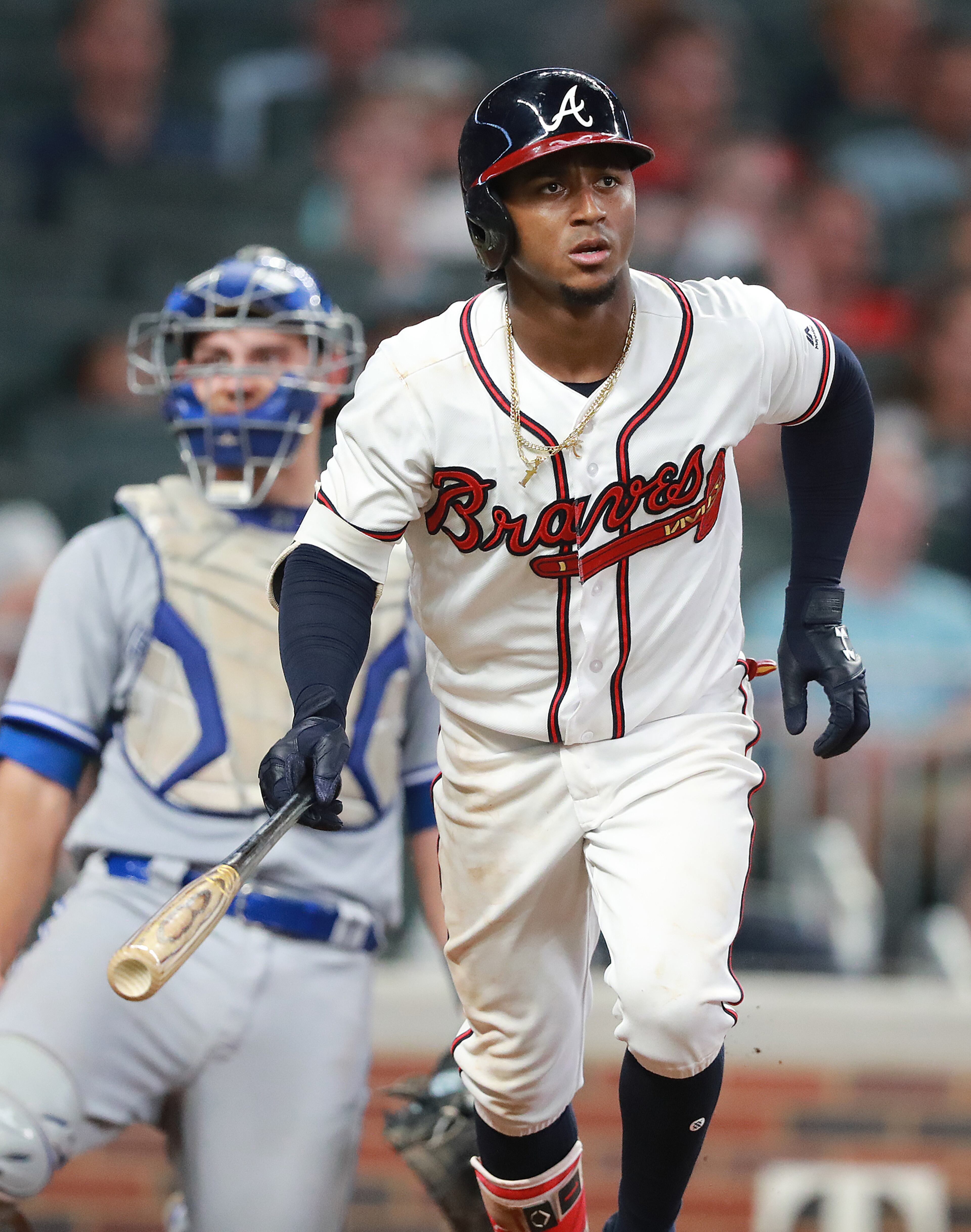 July 11, 2018 Atlanta: Atlanta Braves Ozzie Albies hits a solo home run for a 7-0 lead over the Toronto Blue Jays during the sixth in a MLB baseball game on Wednesday, July 11, 2018, in Atlanta. Curtis Compton/ccompton@ajc.com
